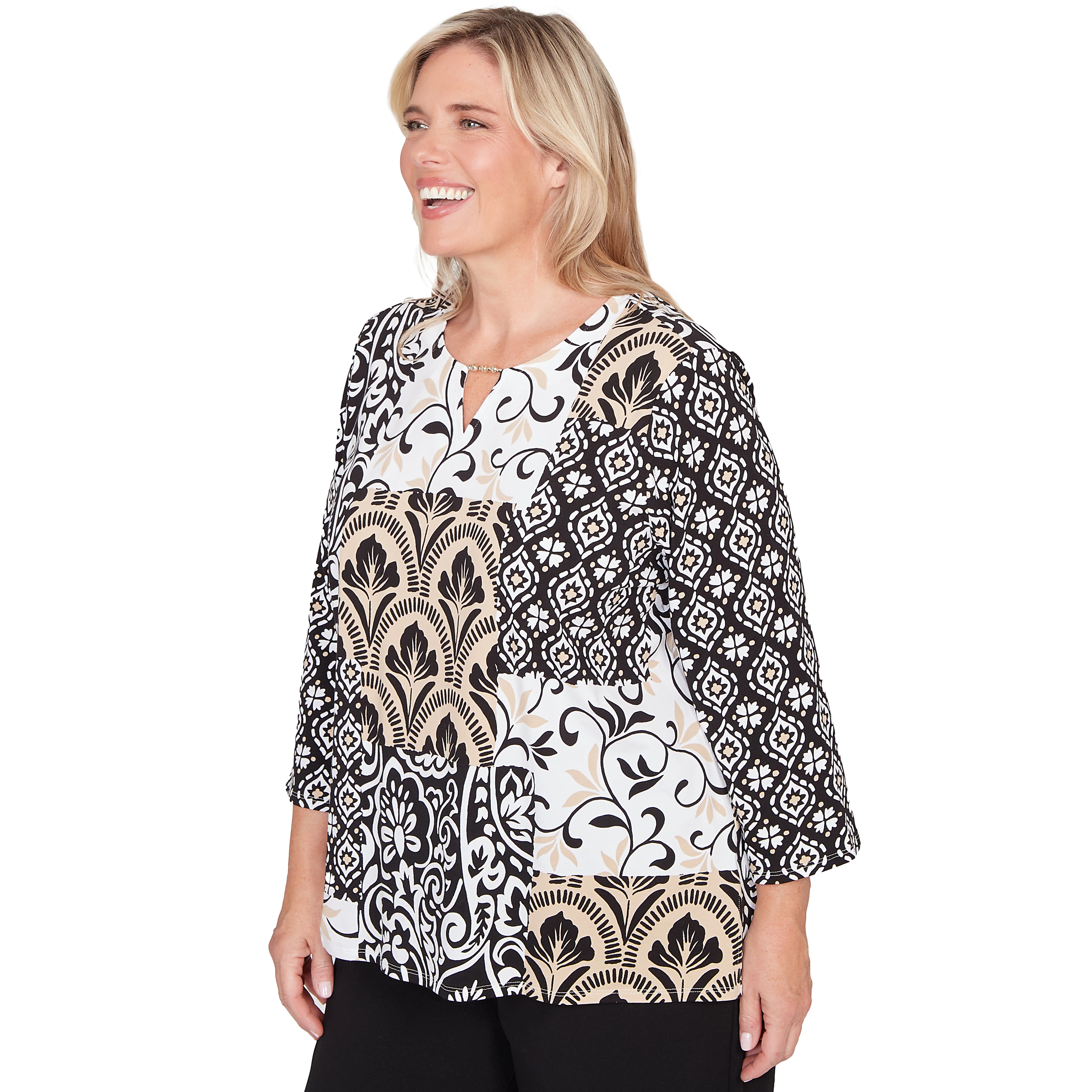 Alfred Dunner Geometric Scroll Patchwork Split Neck Top - Plus - Image 3