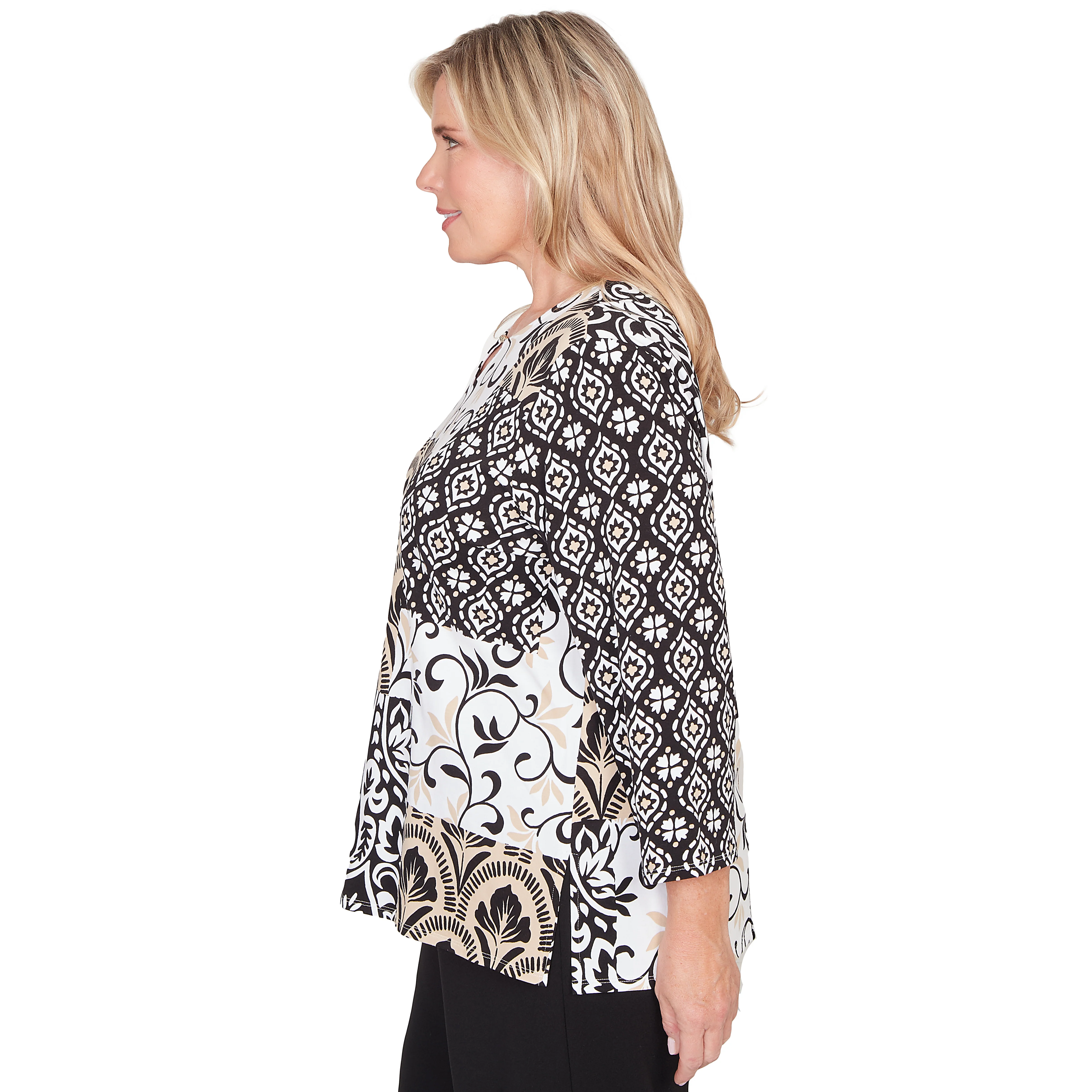 Alfred Dunner Geometric Scroll Patchwork Split Neck Top - Plus - Image 4