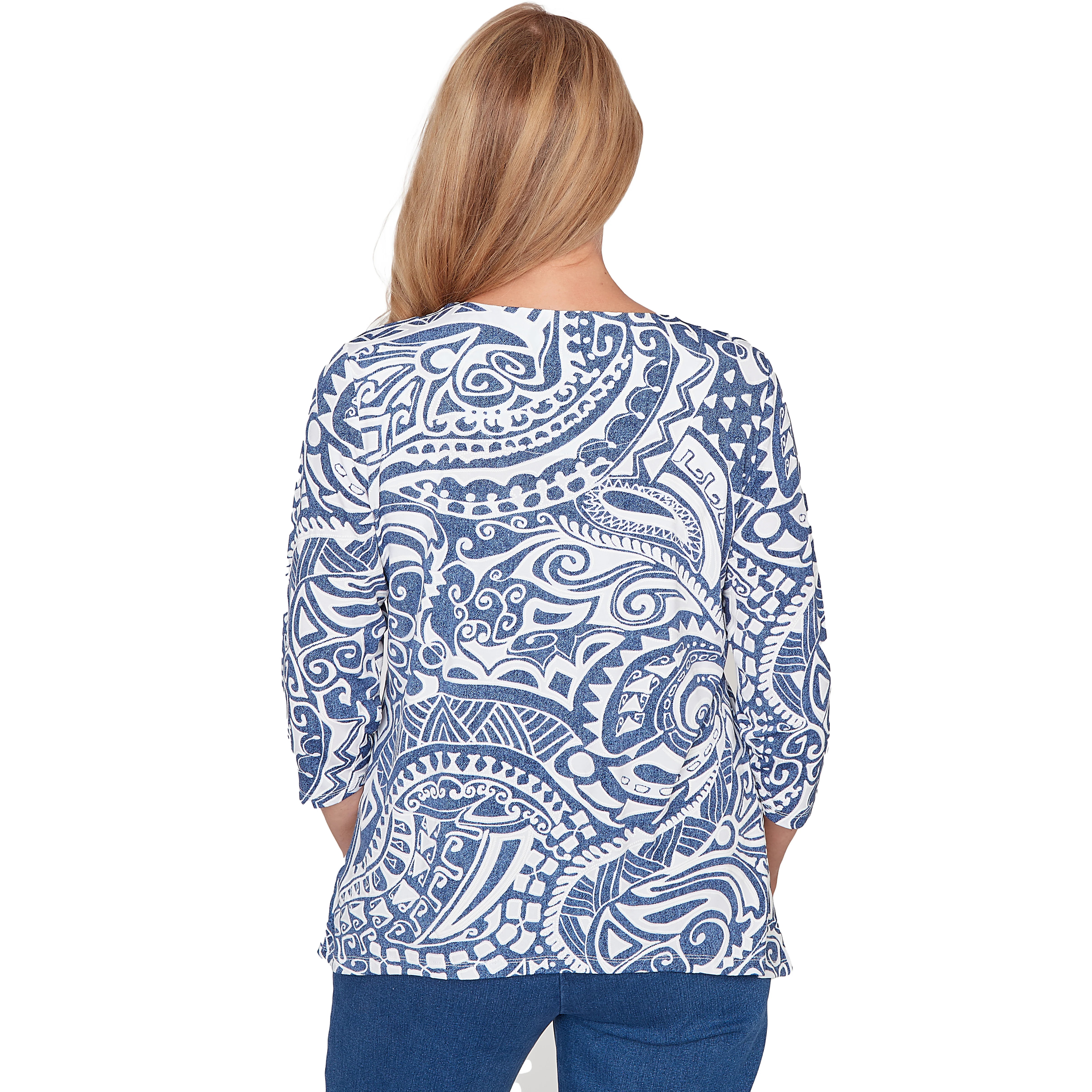 Alfred Dunner Paisley Swirl Sharkbite Hem Top with Necklace- Petite - Image 2