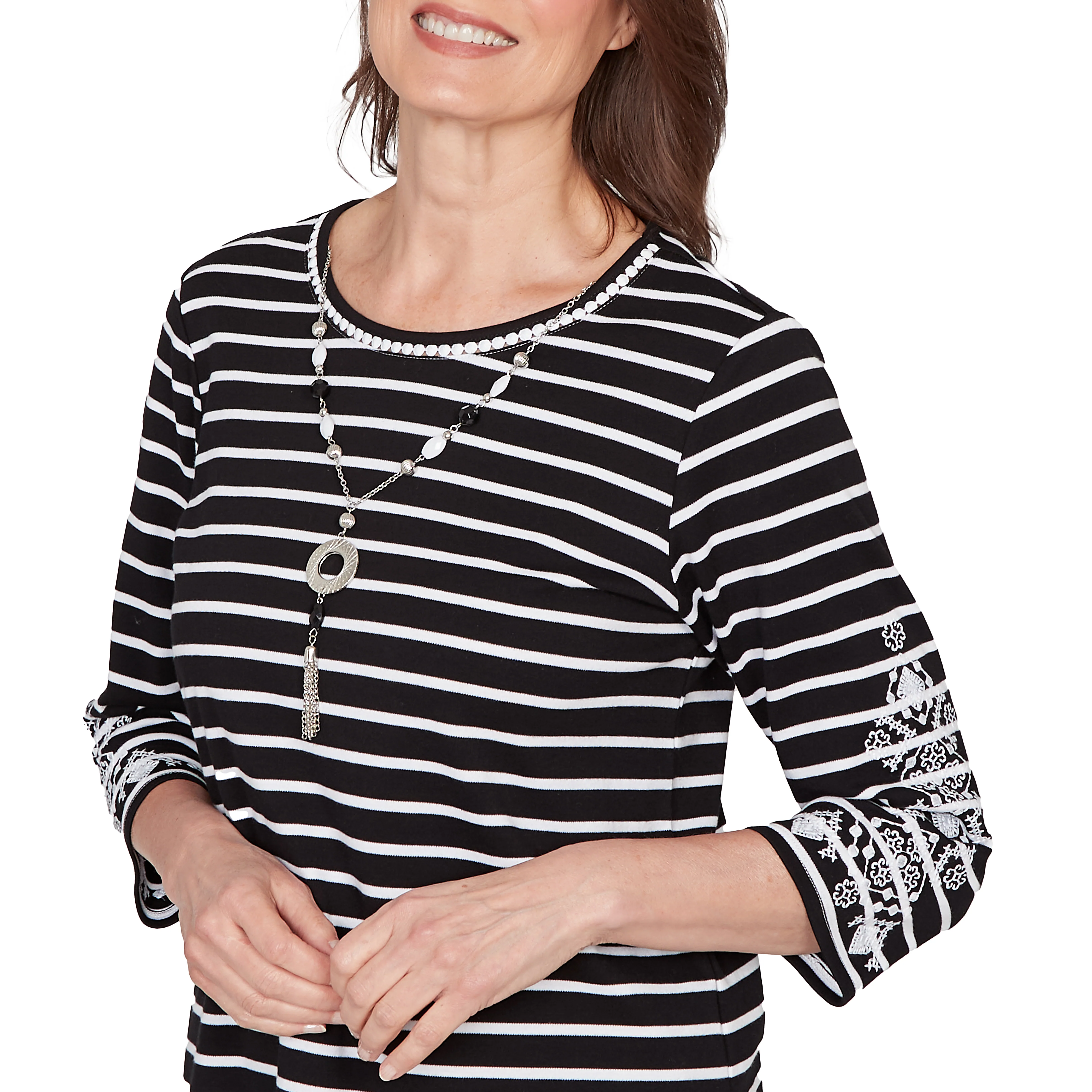 Alfred Dunner Pinstripe Embroidered Sleeve Top with Necklace - Image 5