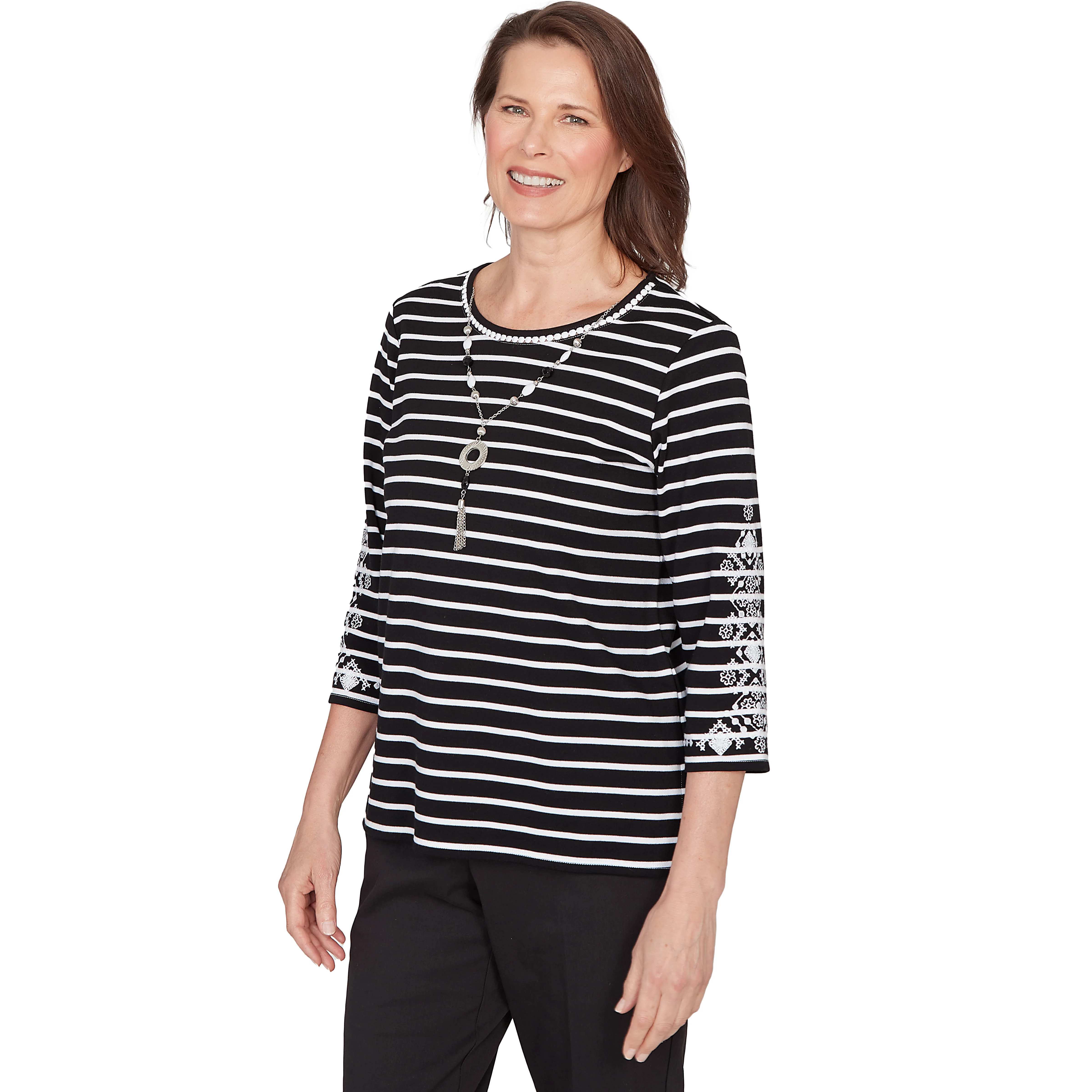 Alfred Dunner Pinstripe Embroidered Sleeve Top with Necklace- Petite - Image 3