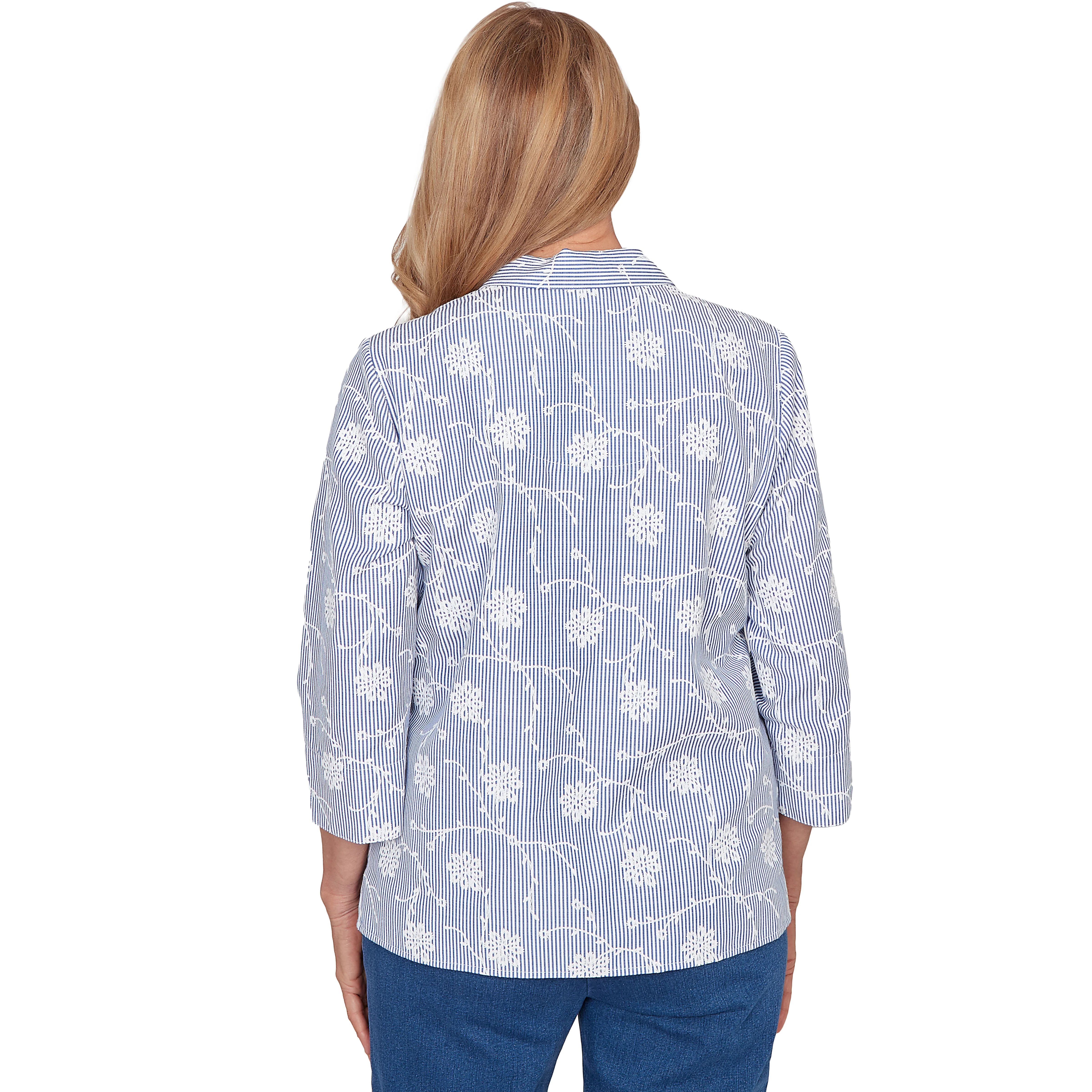 Alfred Dunner Puff Print Pinstripe Embroidered Button Down Top- Petite - Image 2