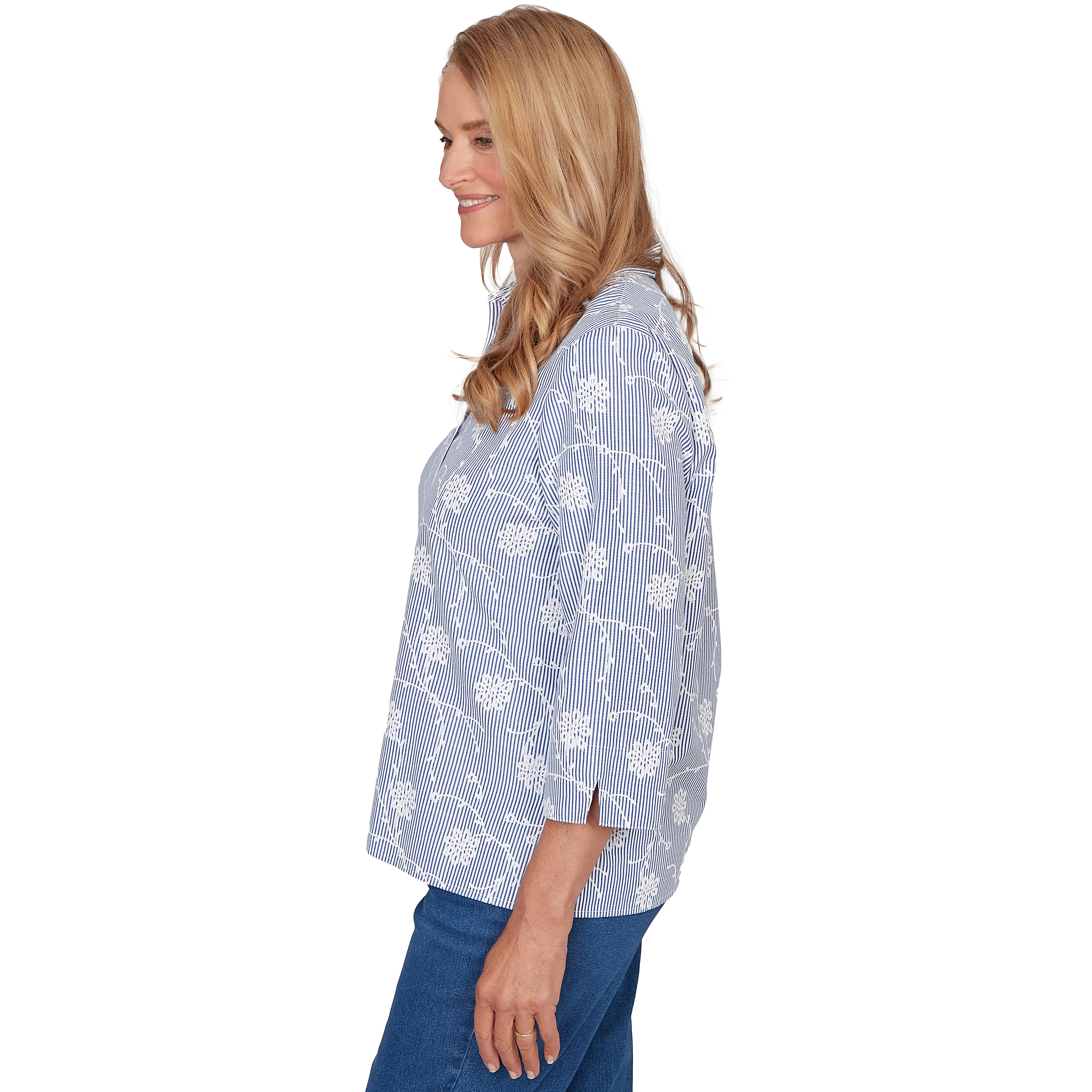 Alfred Dunner Puff Print Pinstripe Embroidered Button Down Top- Petite - Image 4