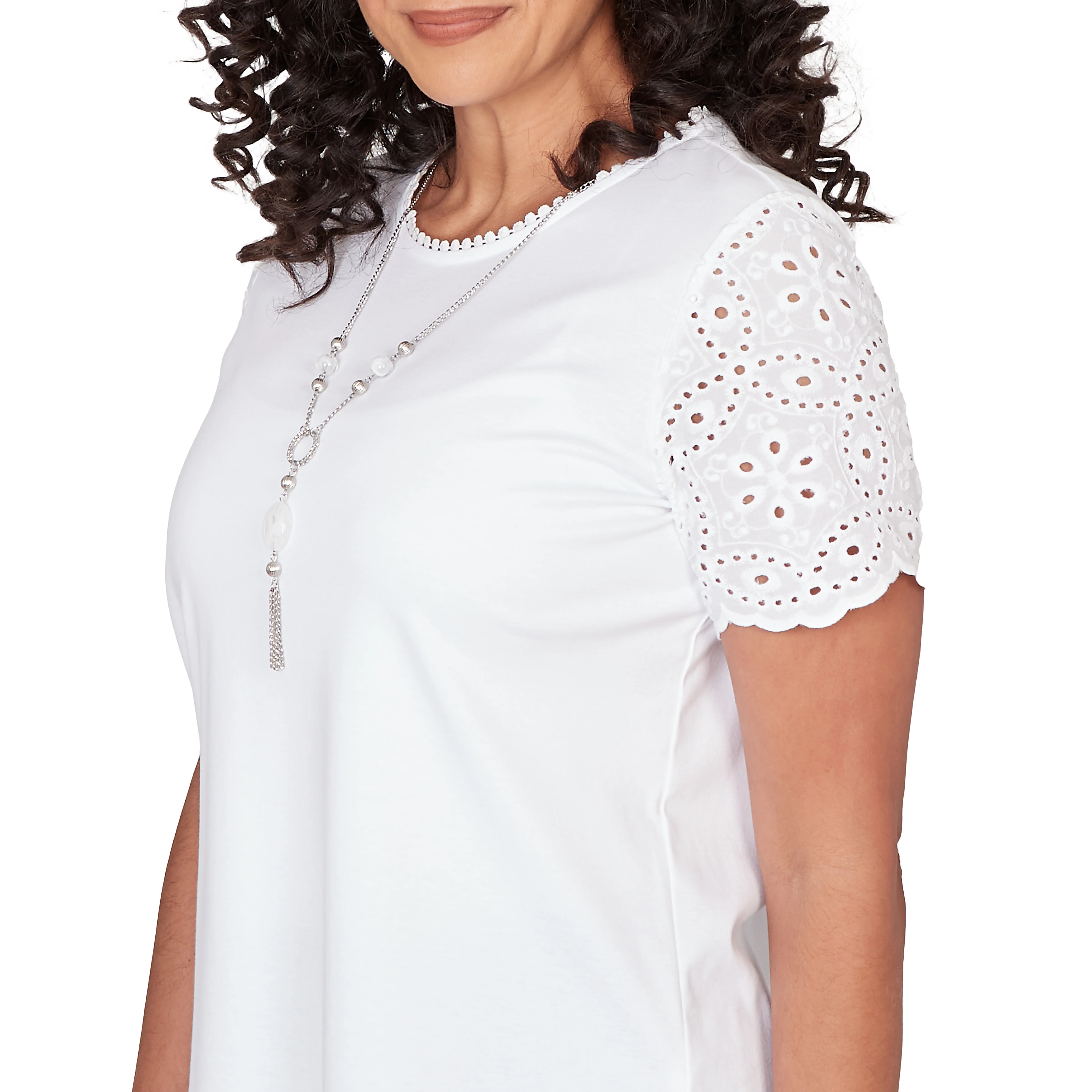 Alfred Dunner Solid Eyelet Sleeve Tee with Necklace- Petite - Image 5