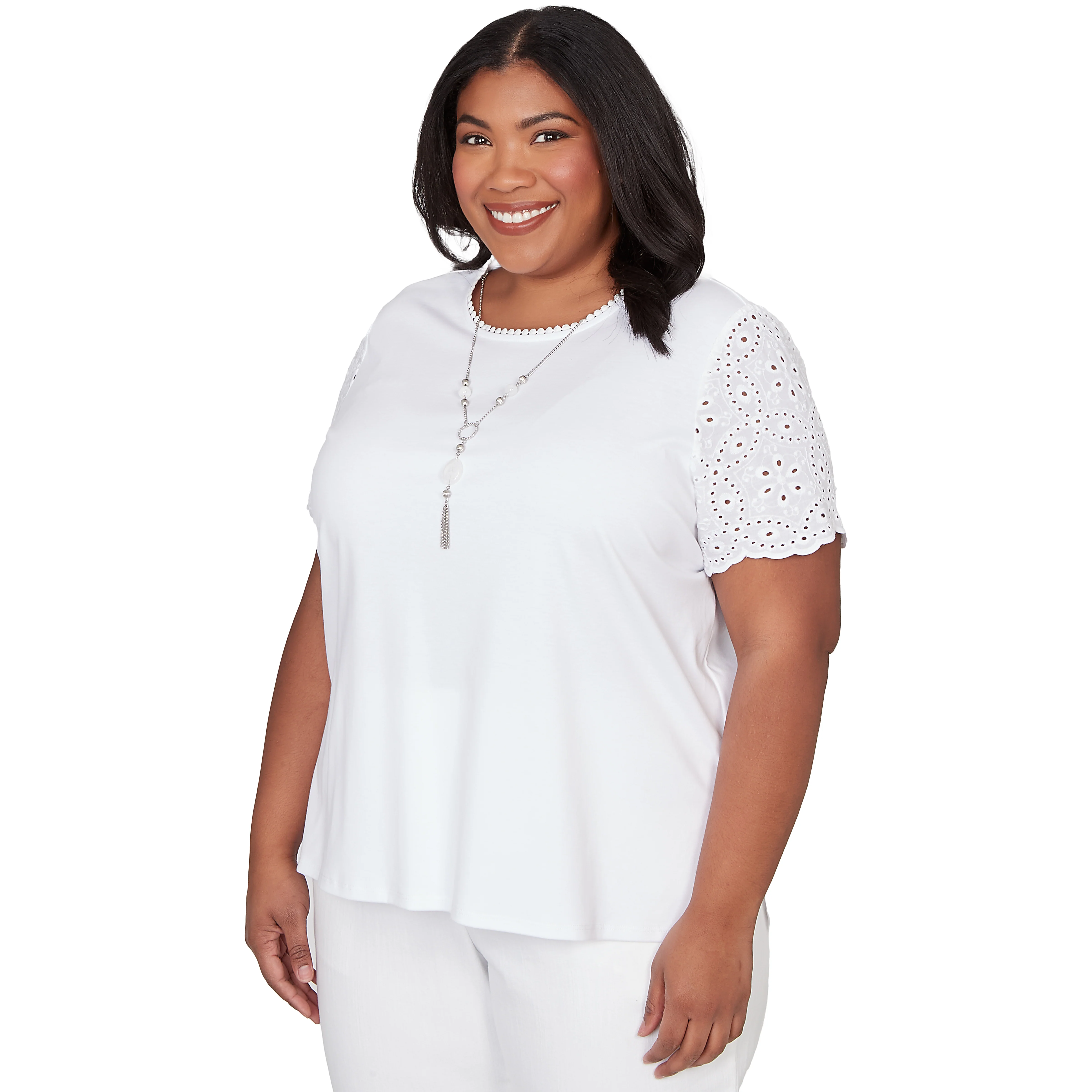 Alfred Dunner Solid Eyelet Sleeve Tee with Necklace - Plus - Image 3