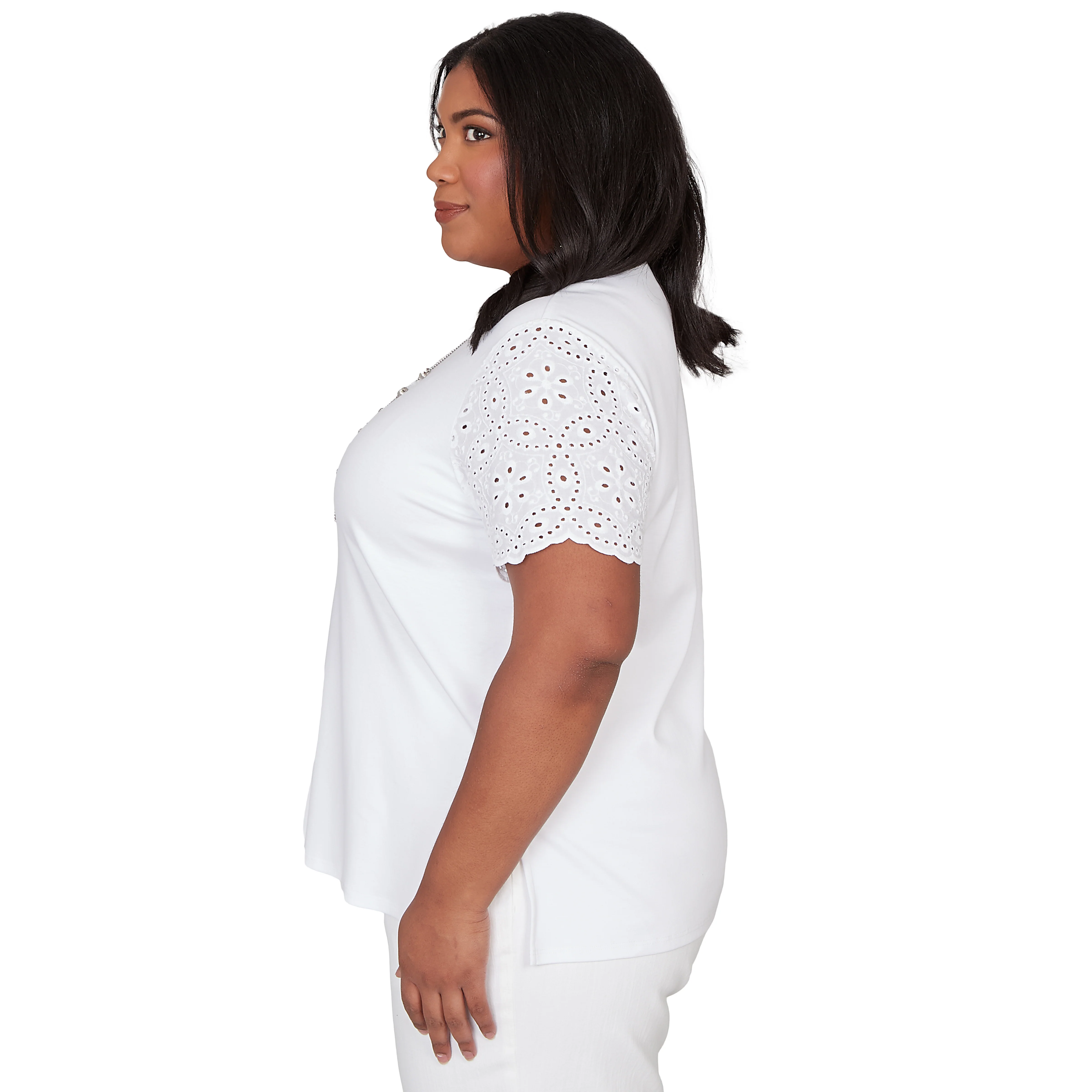 Alfred Dunner Solid Eyelet Sleeve Tee with Necklace - Plus - Image 4