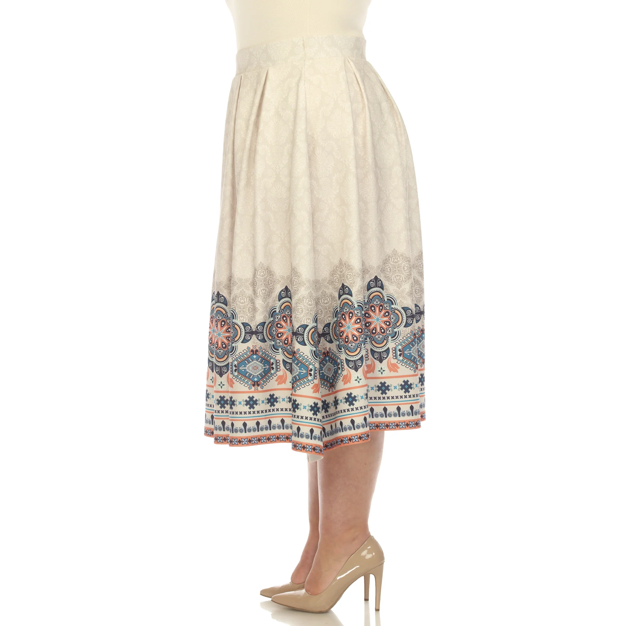 Beige Pleated Skirt with Border Prints - Plus - Image 2