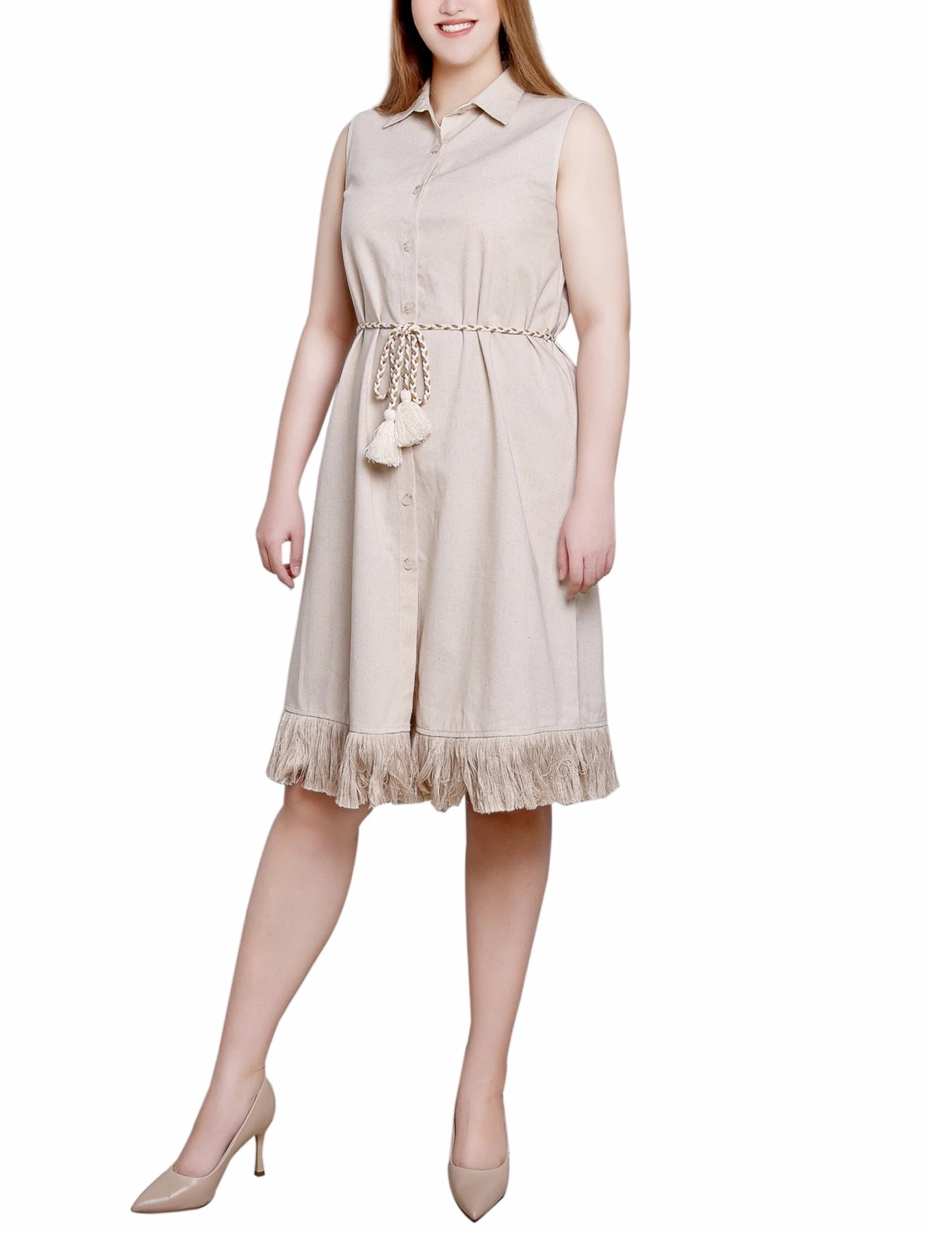 Beige Sleeveless Belted Fringed Dress - Petite - Image 2