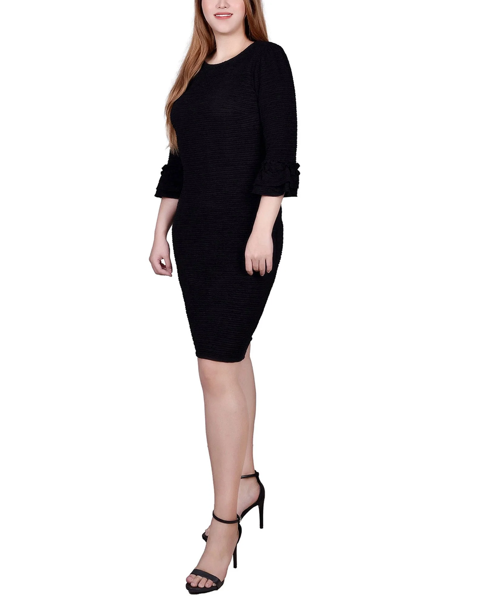 Black 3/4 Sleeve Textured Knit Dress - Image 2