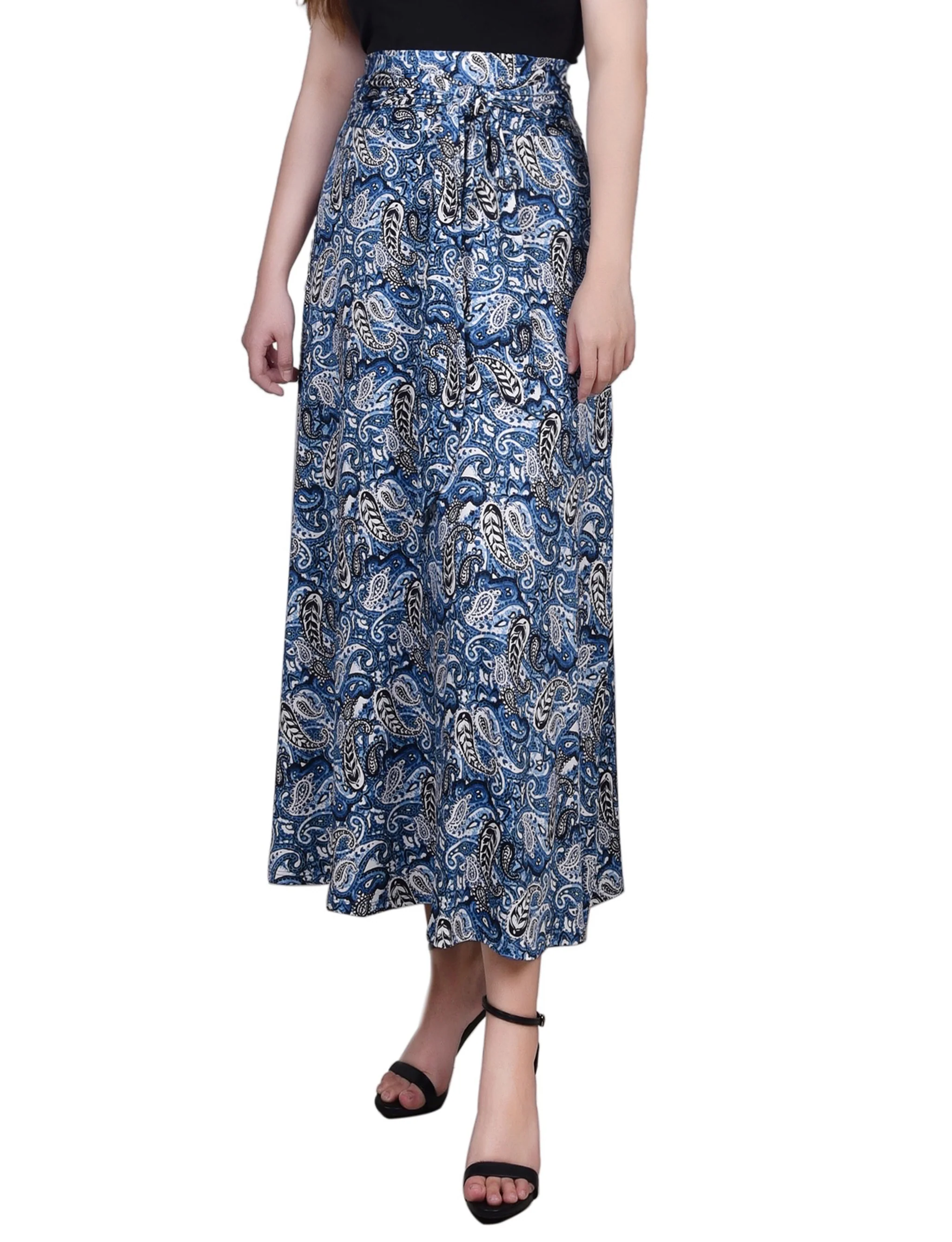 Black Blue Paisley Maxi Skirt With Sash Waist Tie - Petite - Image 2
