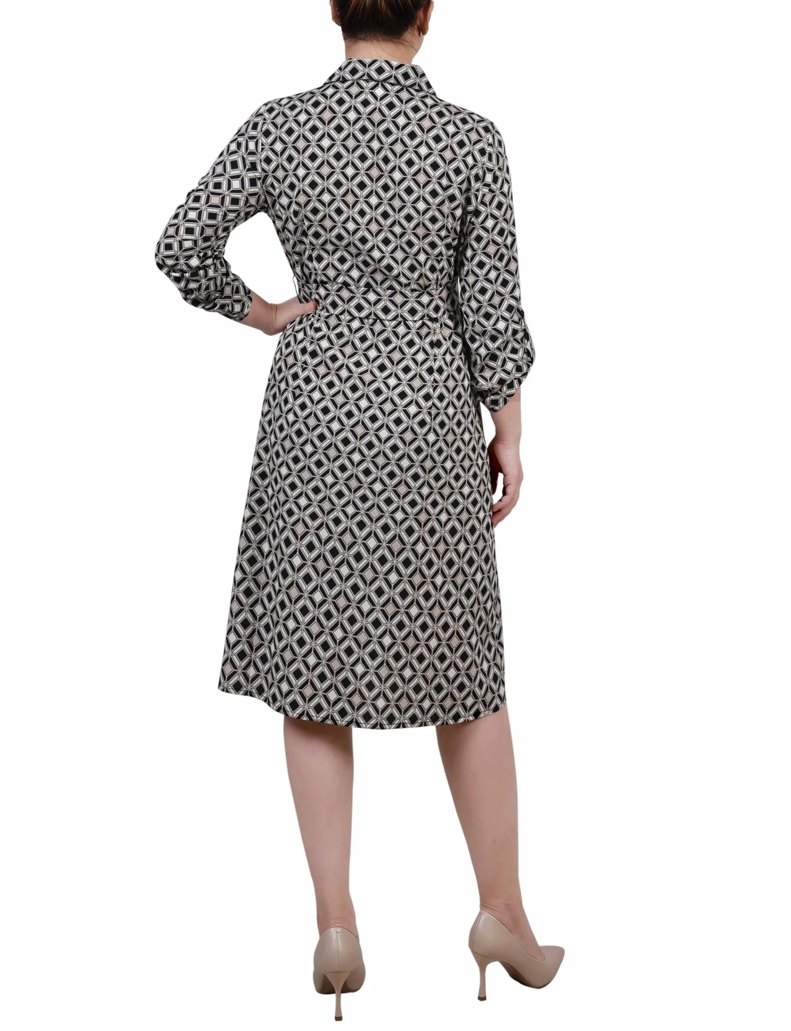 Black Doeskin Geo 3/4 Roll Tab Sleeve Belted Shirtdress - Petite - Image 3