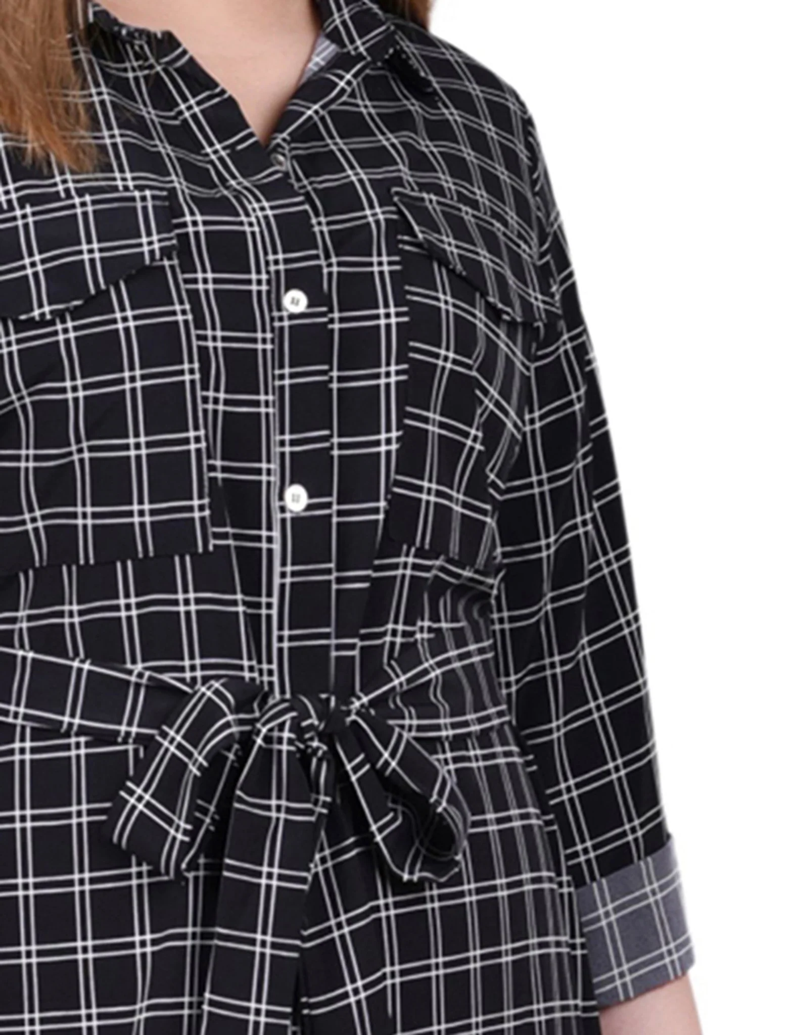 Black Gridview 3/4 Roll Tab Sleeve Belted Shirtdress - Plus - Image 4