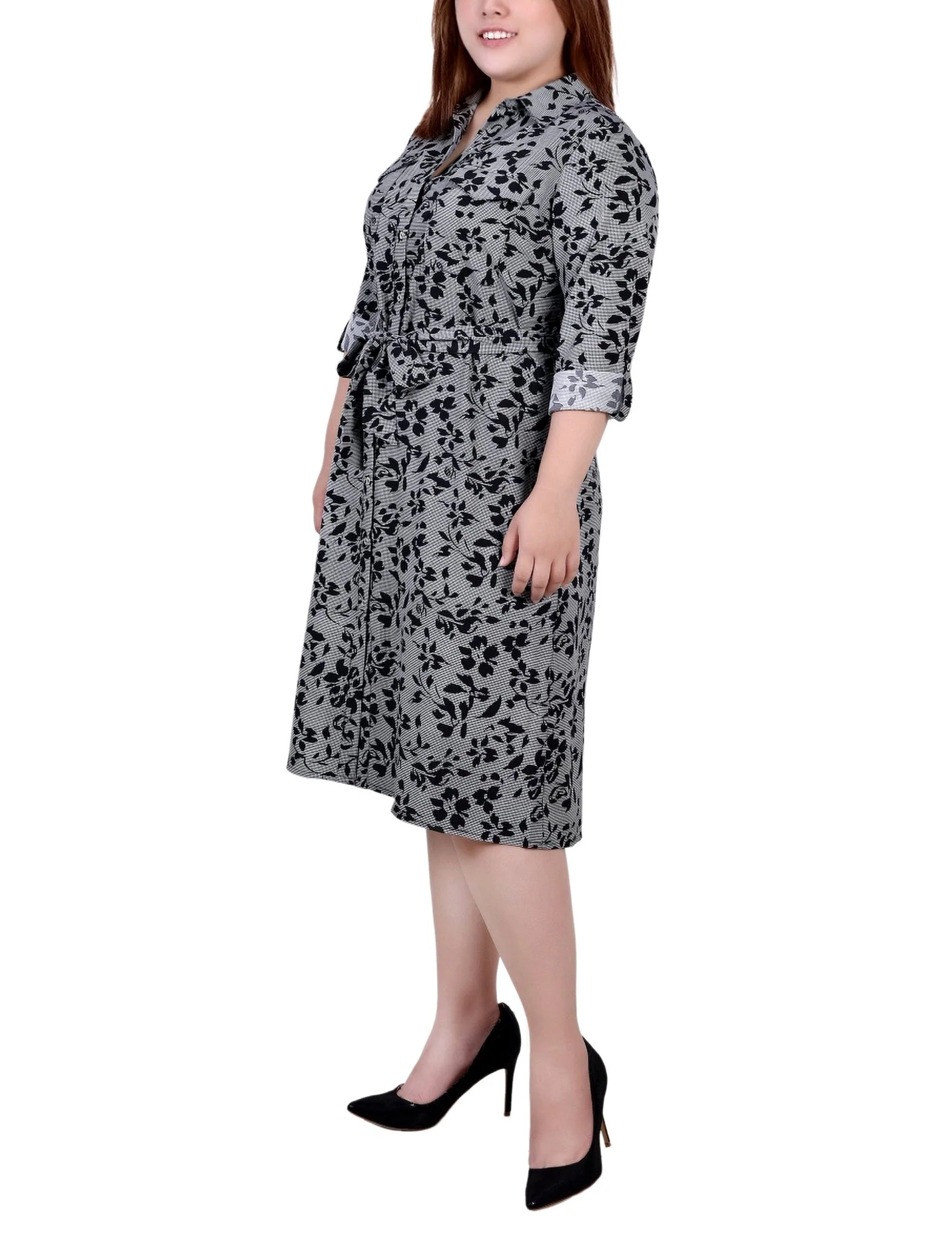 Black Houndstooth Floral 3/4 Roll Tab Sleeve Belted Shirtdress - Plus - Image 2