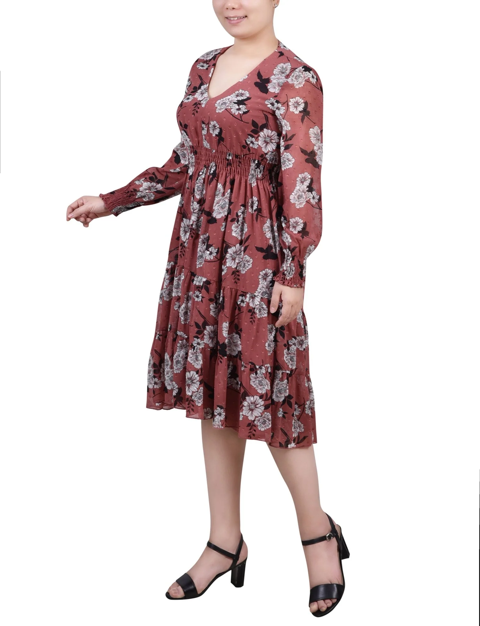 Black Mauve Shadown Long Sleeve Clip Dot Chiffon Dress With Smocked Waist and Cuffs - Image 2