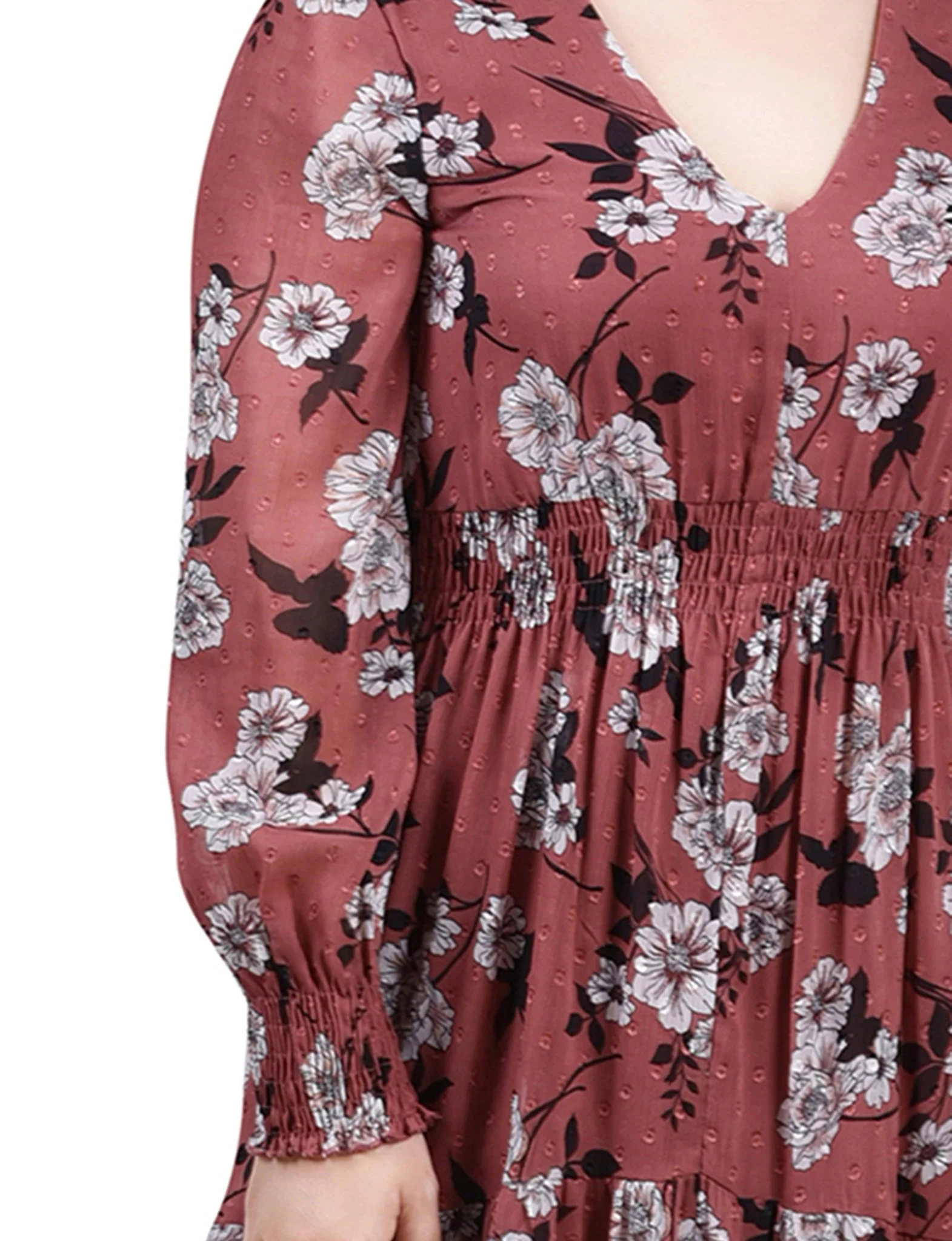 Black Mauve Shadown Long Sleeve Clip Dot Chiffon Dress With Smocked Waist and Cuffs - Image 4
