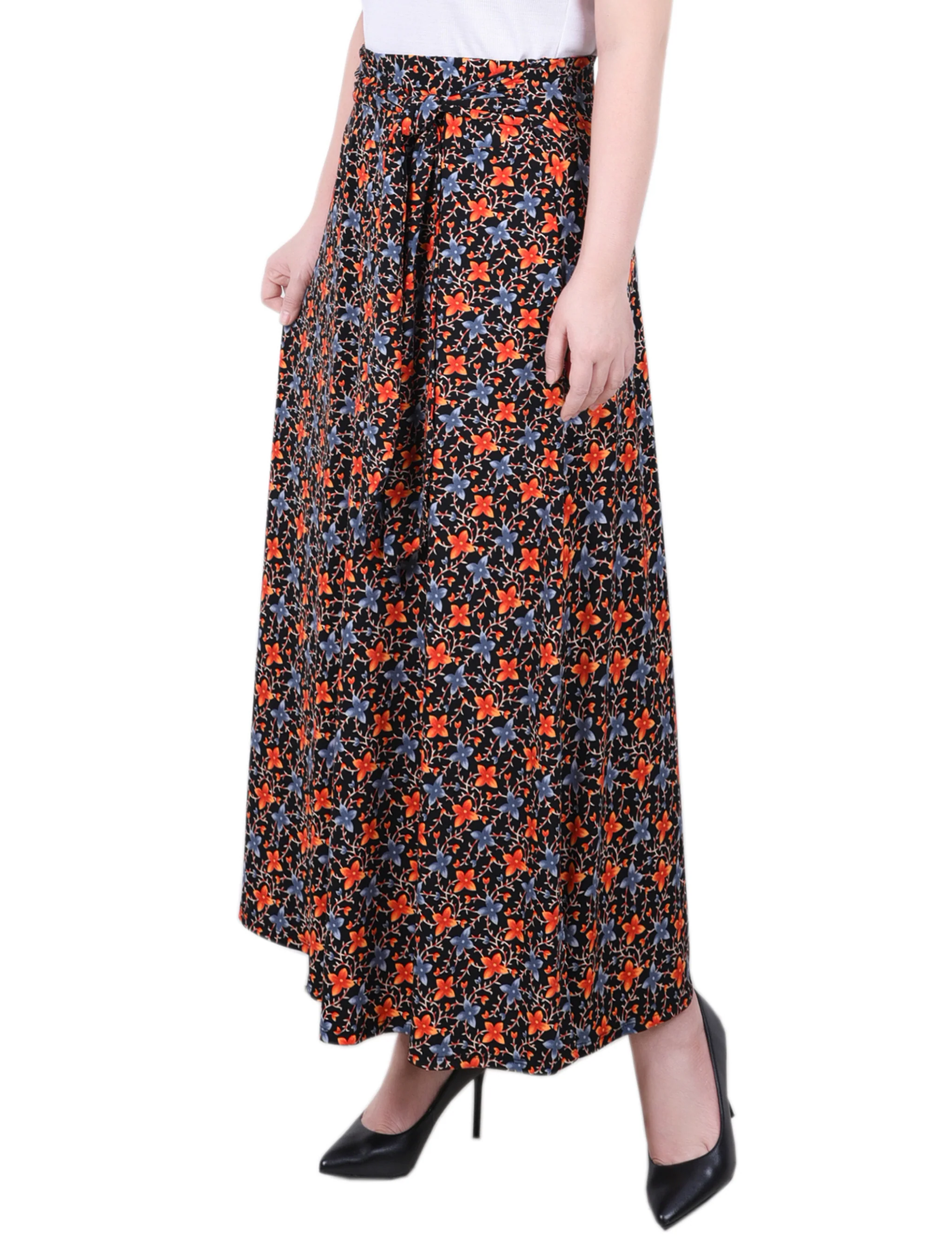 Black Orange Floral Maxi Skirt With Sash Waist Tie - Image 3