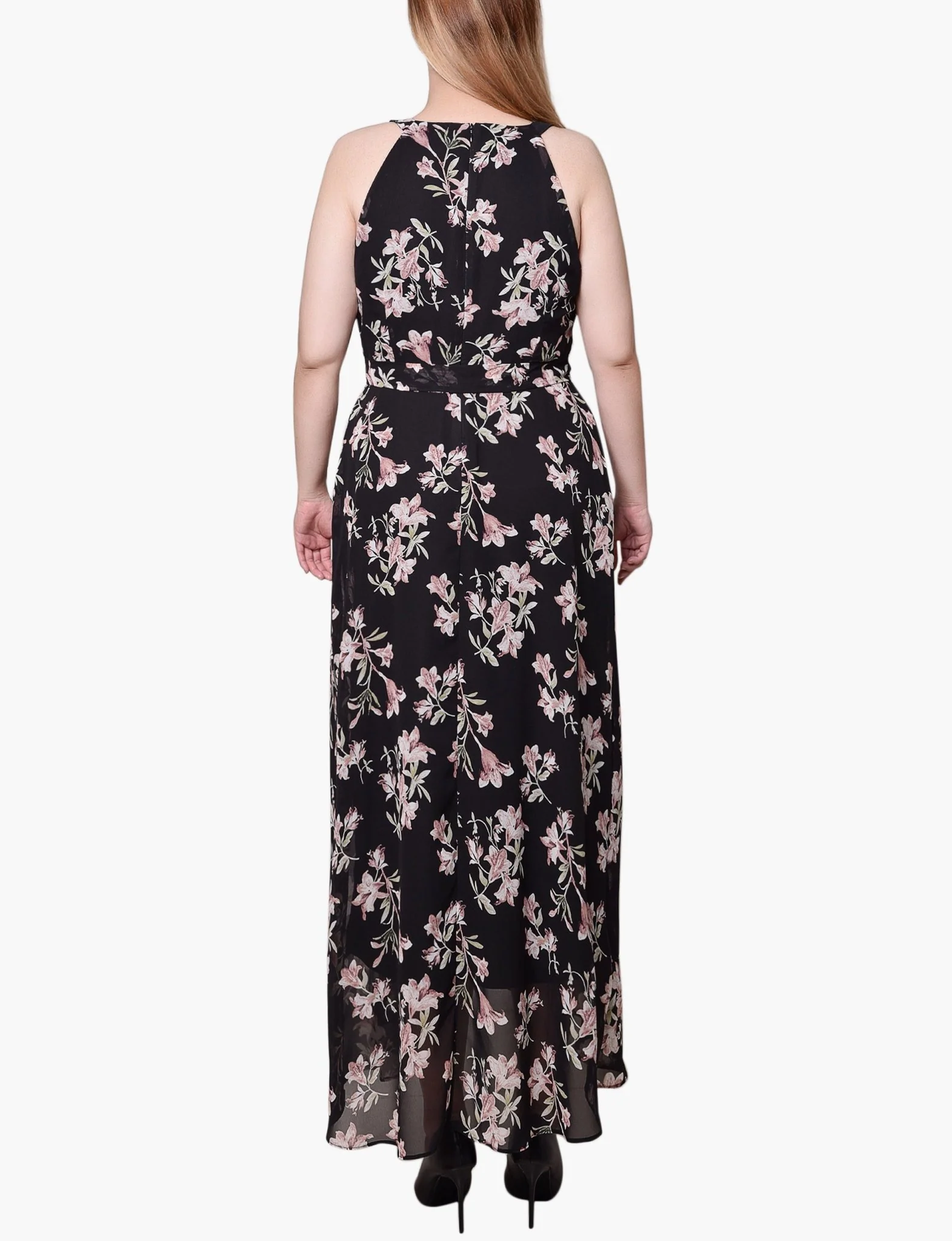 Black Pink Halter Front Chiffon Maxi Dress - Petite - Image 3