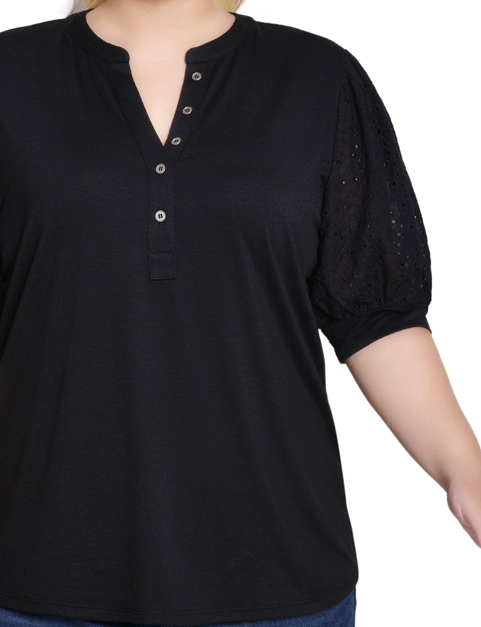 Black Puff Elbow Sleeve Top - Plus - Image 2