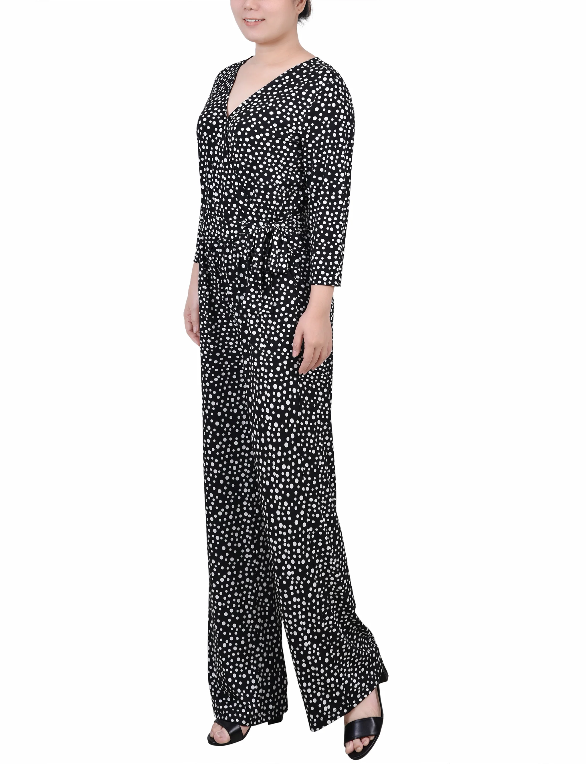 Black Spotted 3/4 Sleeve Belted Jumpsuit - Image 2