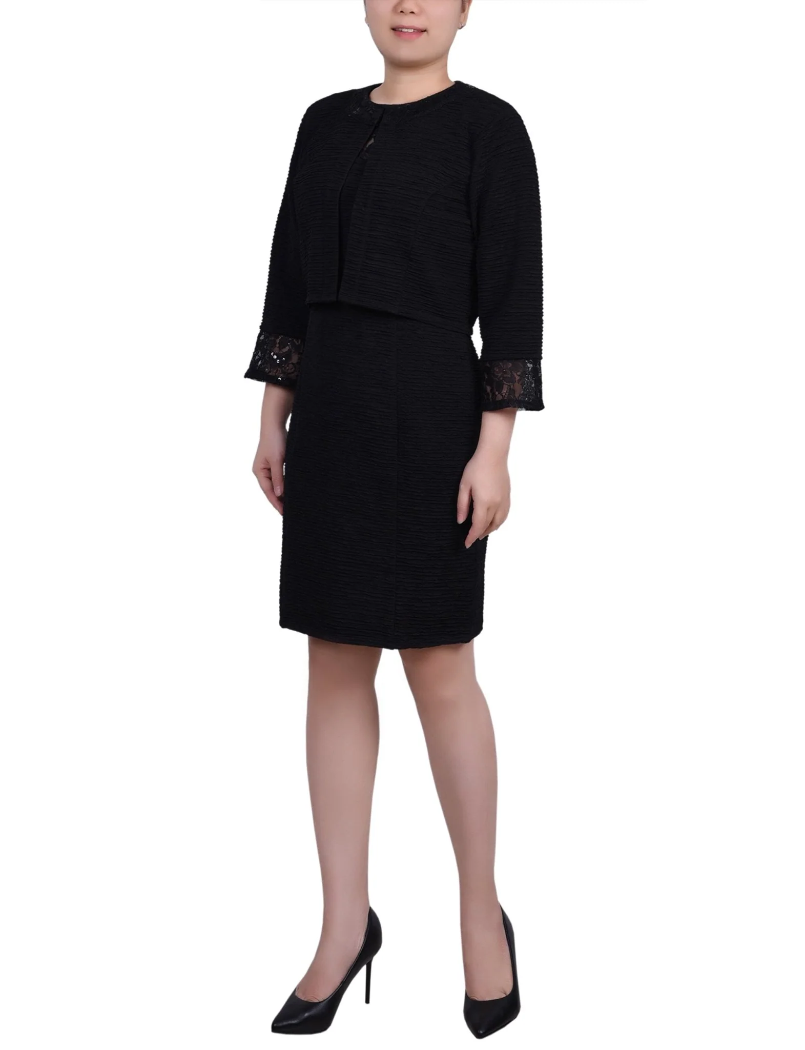 Black Two Piece Novelty Knit and Lace Dress Set - Petite - Image 2
