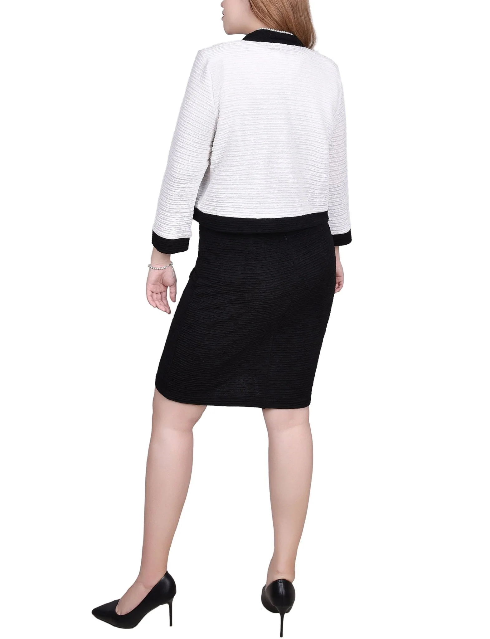 Black White 3/4 Sleeve Textured Knit 2 Piece Dress Set - Petite - Image 3