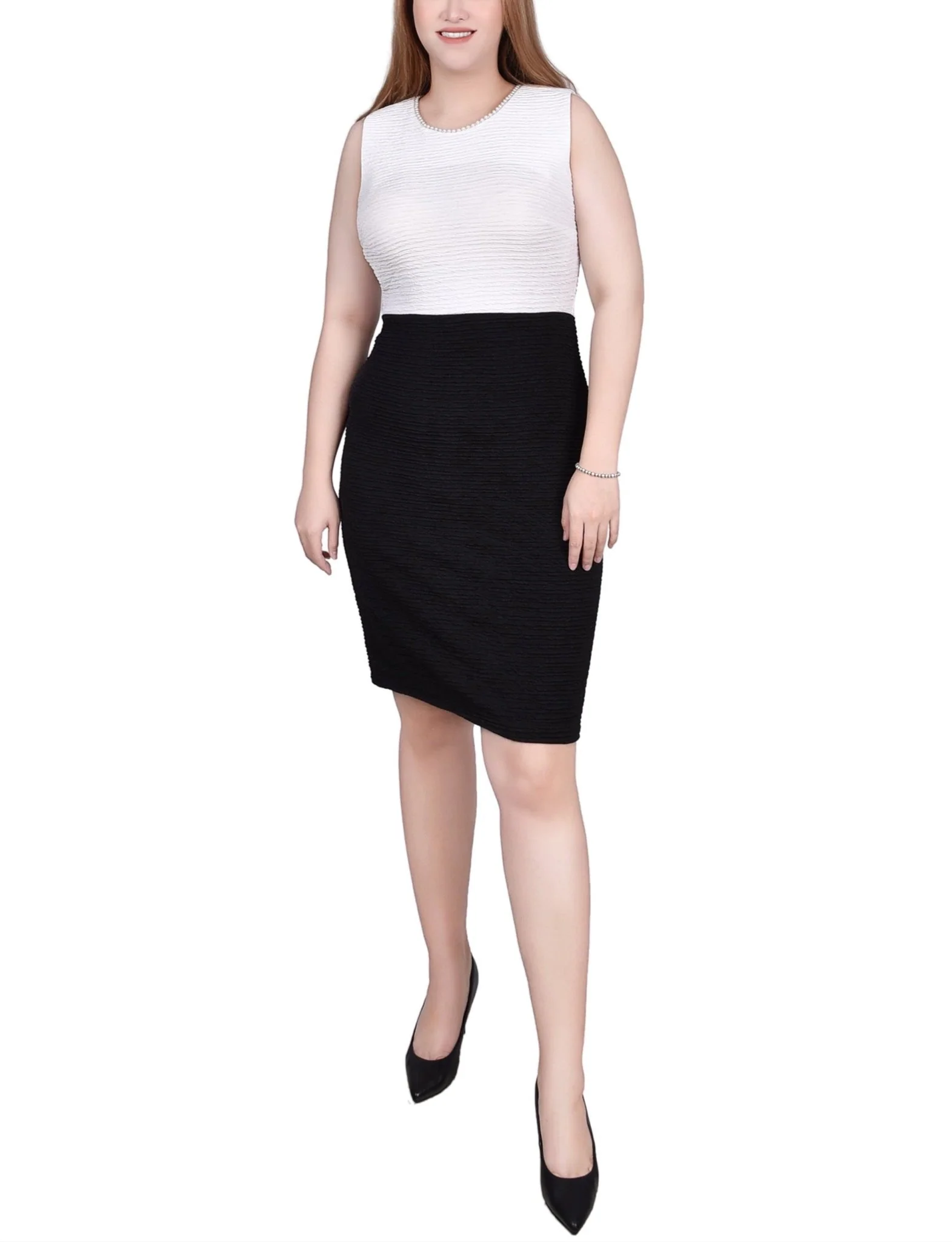 Black White 3/4 Sleeve Textured Knit 2 Piece Dress Set - Petite - Image 4
