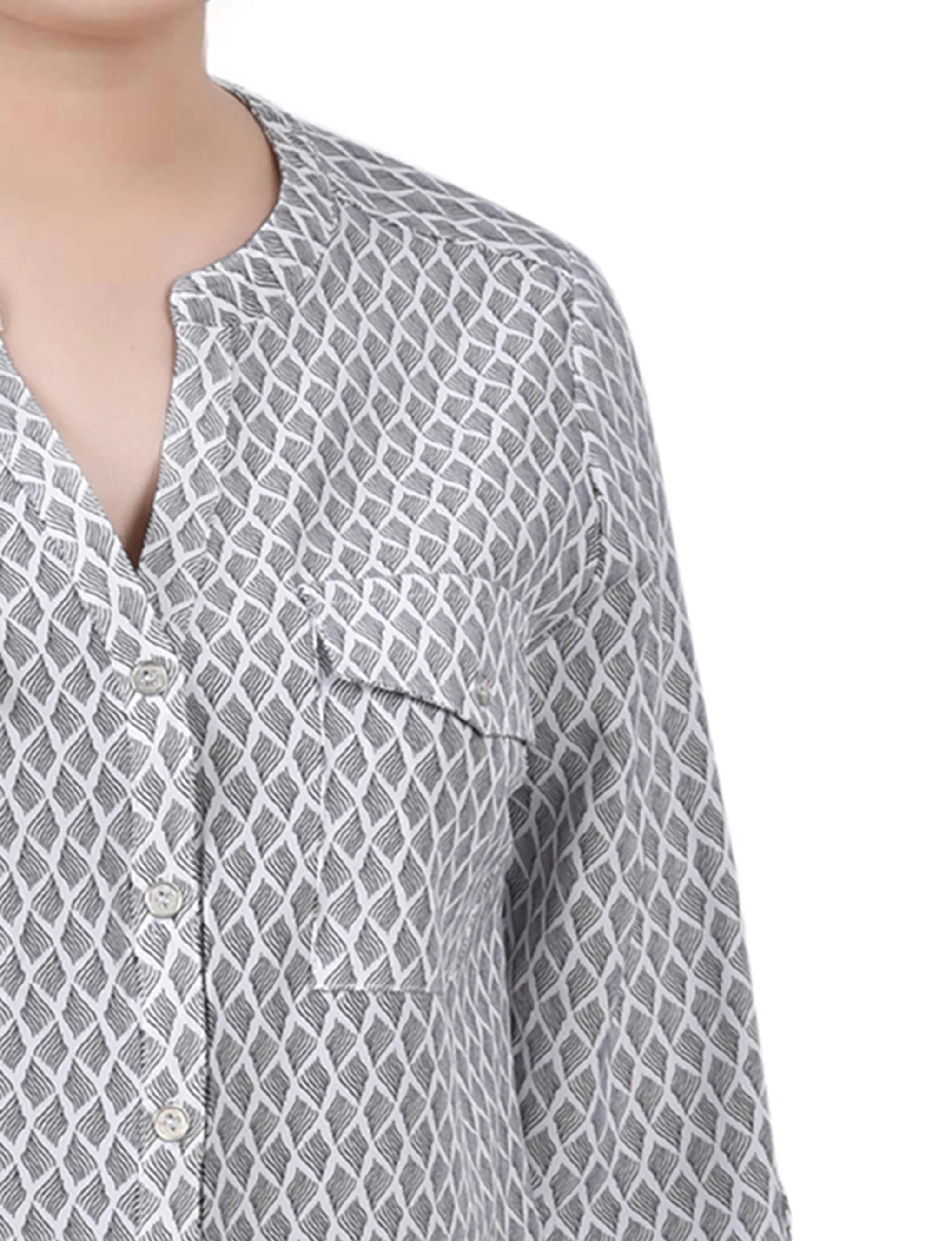 Black White Abstract 3/4 Roll Tab Sleeve Mandarin Collar Blouse - Petite - Image 3