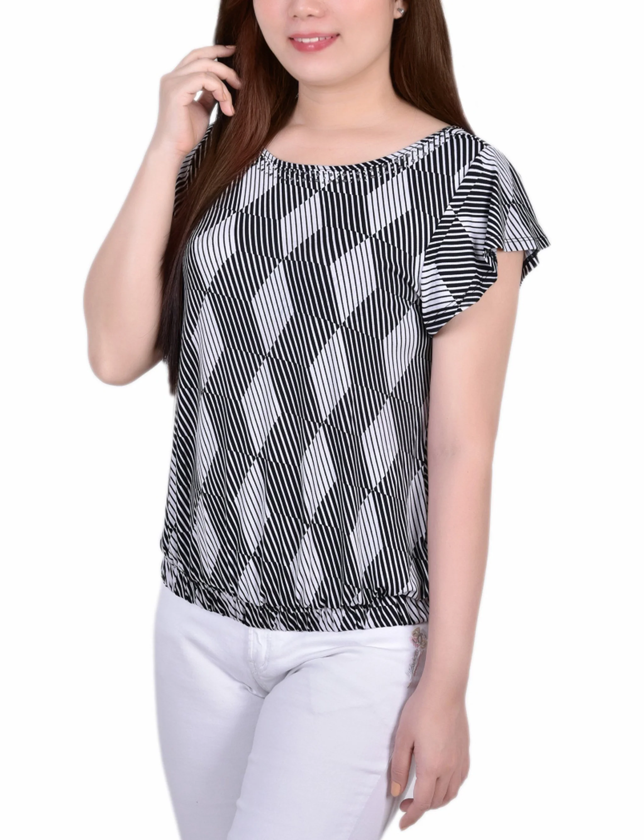 Black White Abstract Flutter Sleeve Top - Petite - Image 2