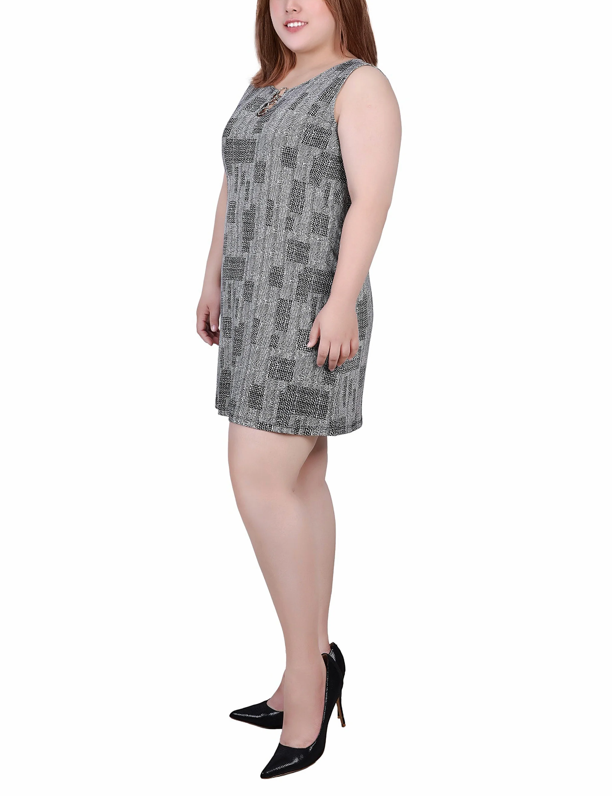Black White Geosquare Sleeveless Dress With 3 Rings - Plus Size - Image 3