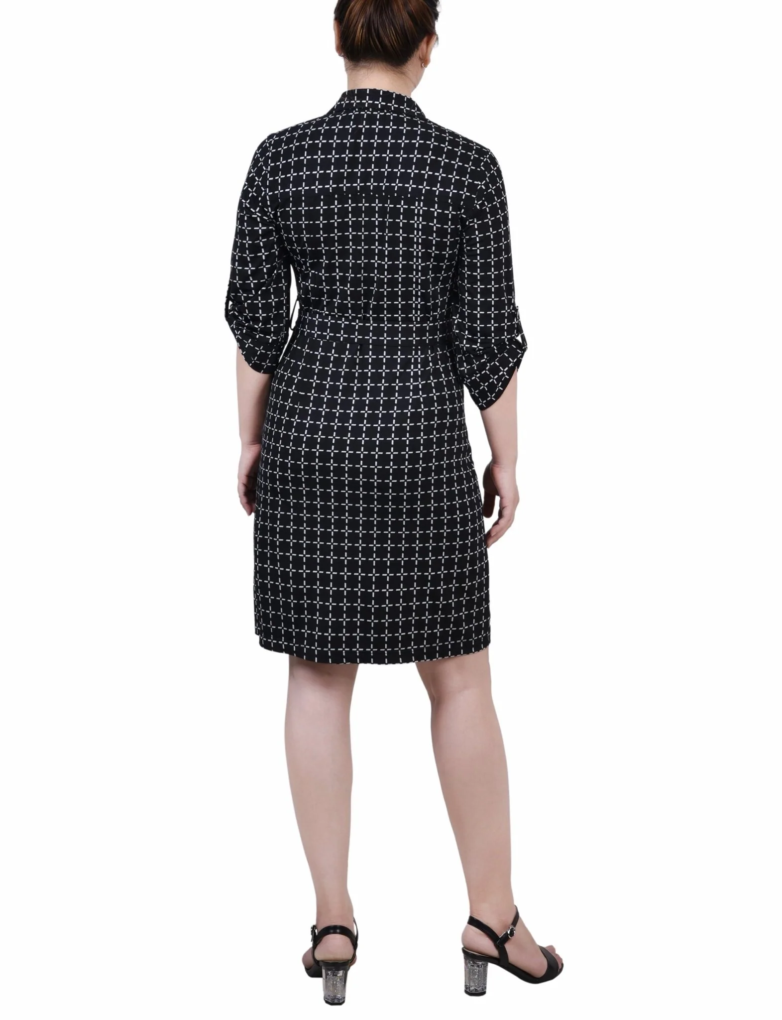Black White Gridview Belted Roll Tab Zip Front Shirtdress - Petite - Image 3