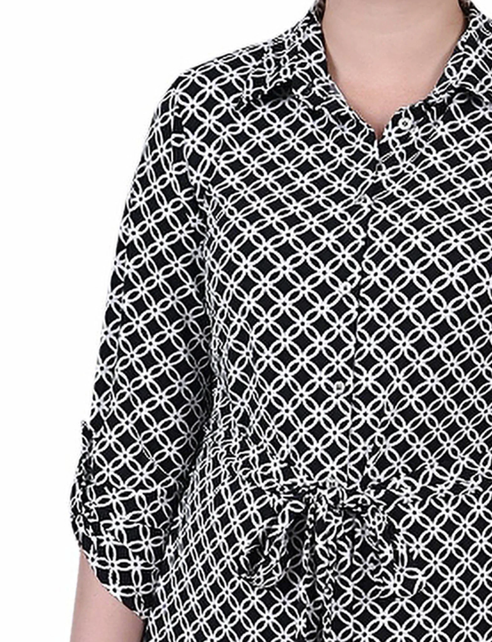 Black White Iconic 3/4 Roll Tab Sleeve Belted Shirtdress - Petite - Image 4
