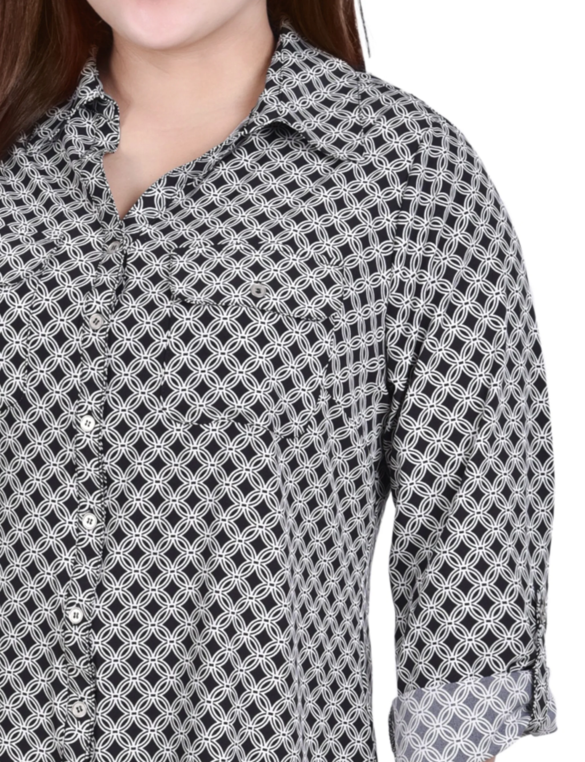 Black White New Iconic 3/4 Roll Tab Blouse With Pockets - Plus Size - Image 3