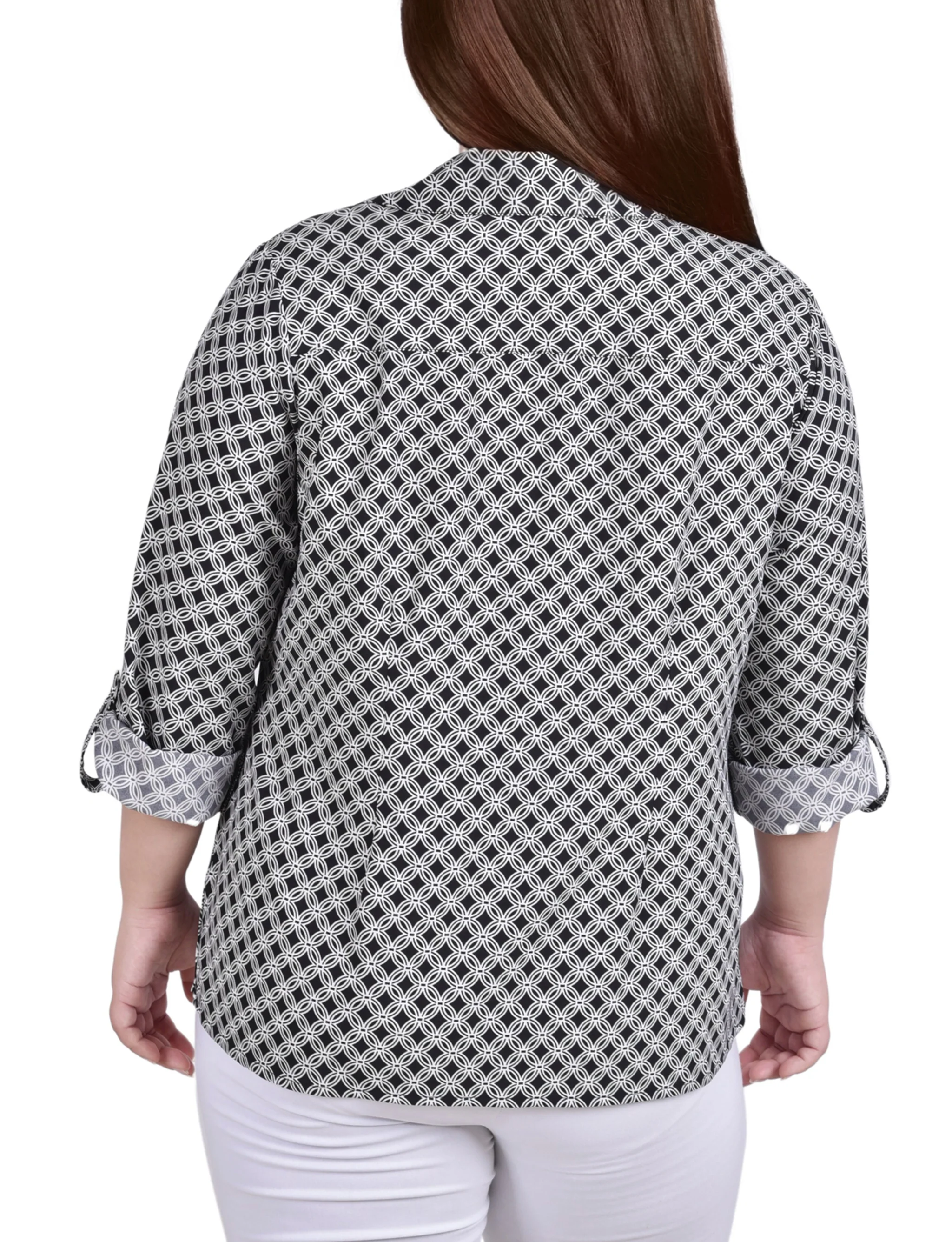 Black White New Iconic 3/4 Roll Tab Blouse With Pockets - Plus Size - Image 4