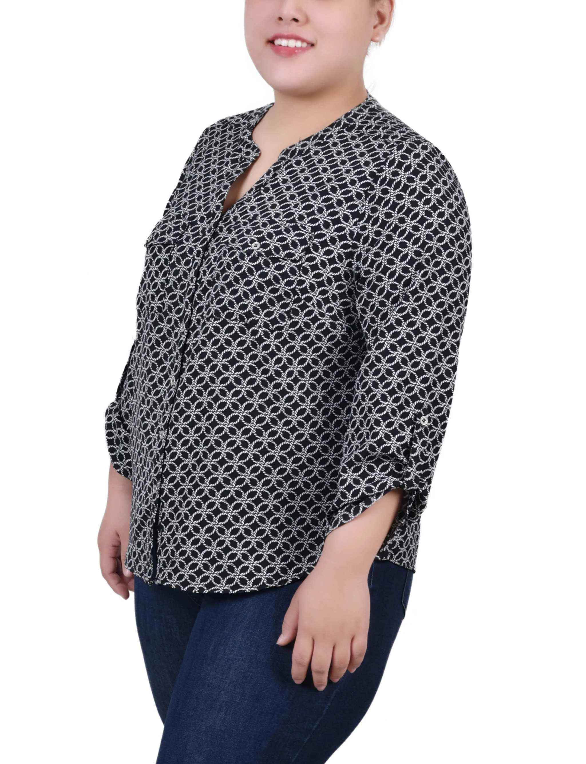 Black White Rope Iconic 3/4 Roll Tab Sleeve Mandarin Collar Blouse - Plus Size - Image 2