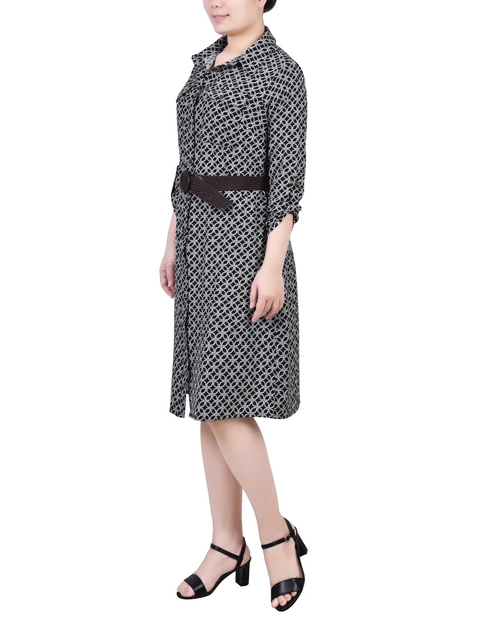 Black White Rope Iconic 3/4 Roll Tab Sleeve Shirtdress - Petite - Image 2