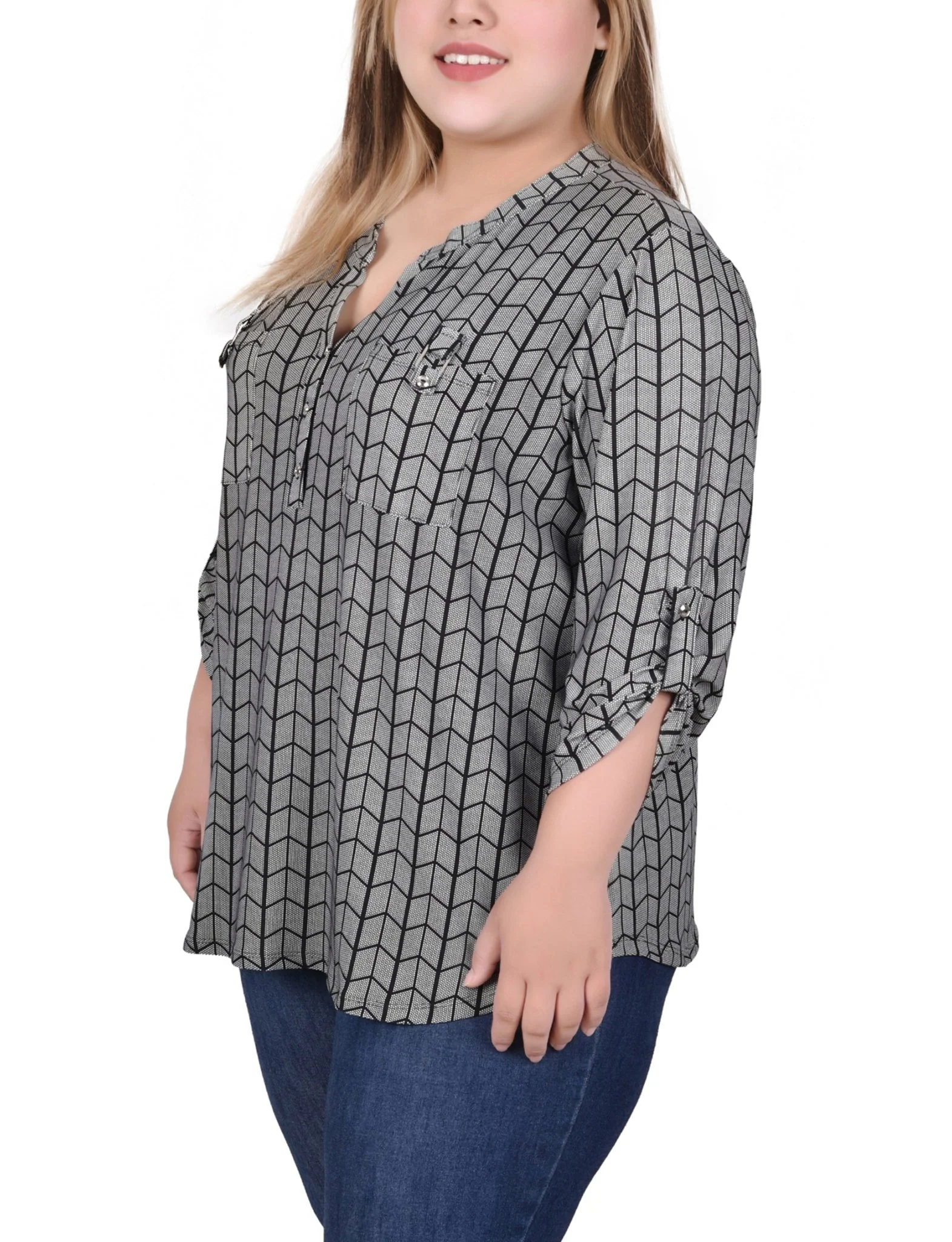 Blk Wht Diagonal Stripe Dot Long Tab-Sleeve Top With Pockets - Plus - Image 2