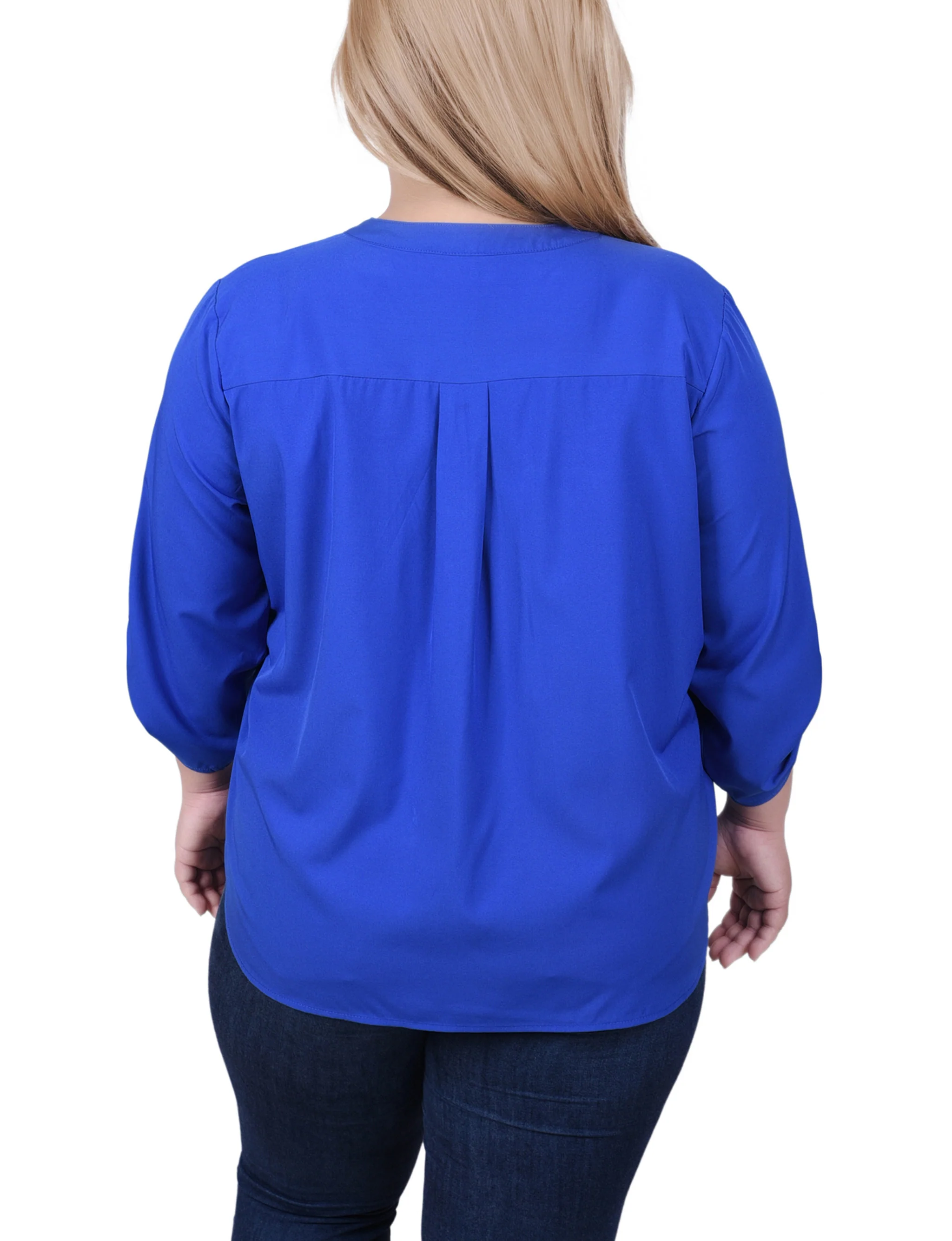 Blue 3/4 Tabbed Sleeve Y Neck Blouse - Plus Size - Image 4