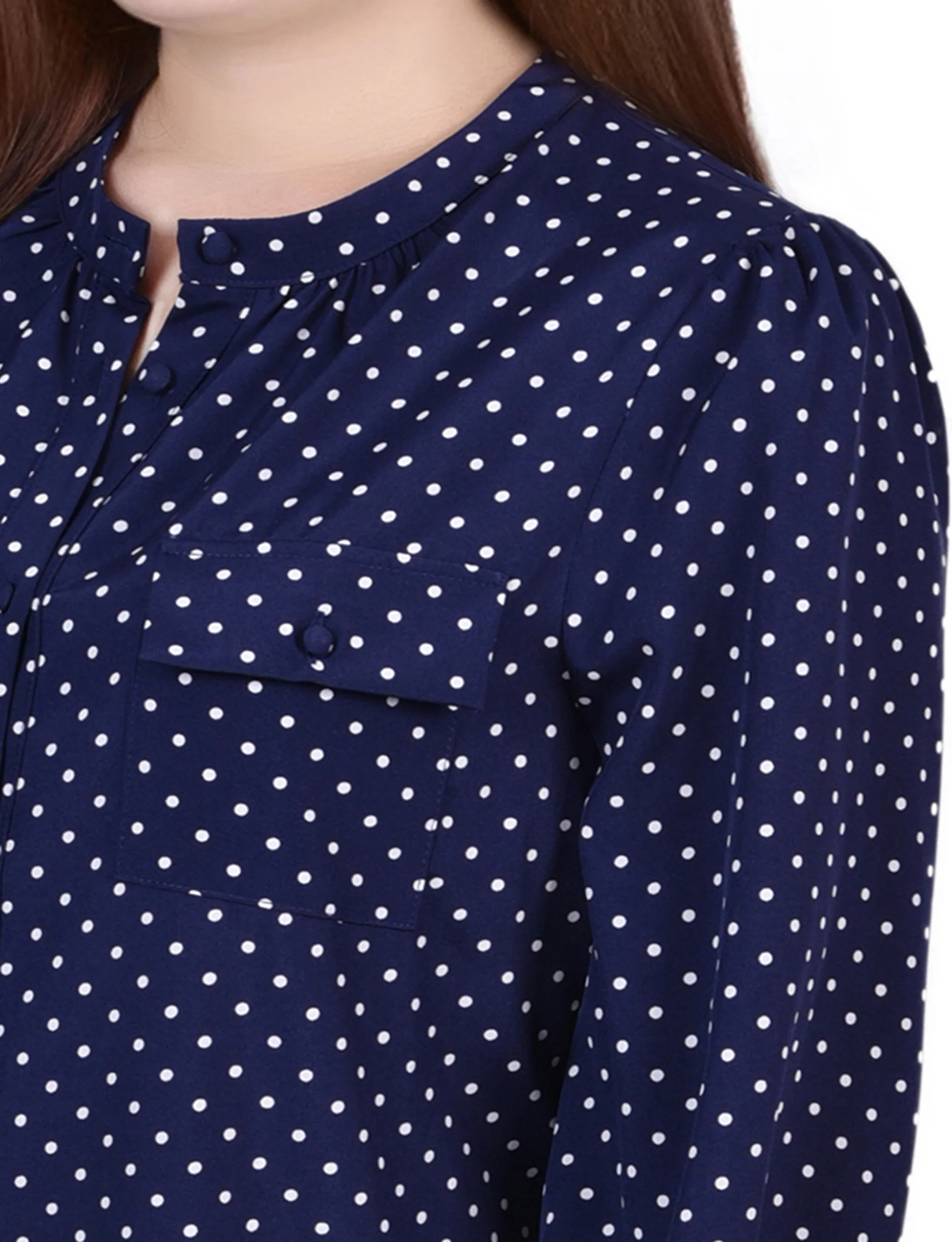 Blue Long Sleeve Button Front Blouse - Petite - Image 3