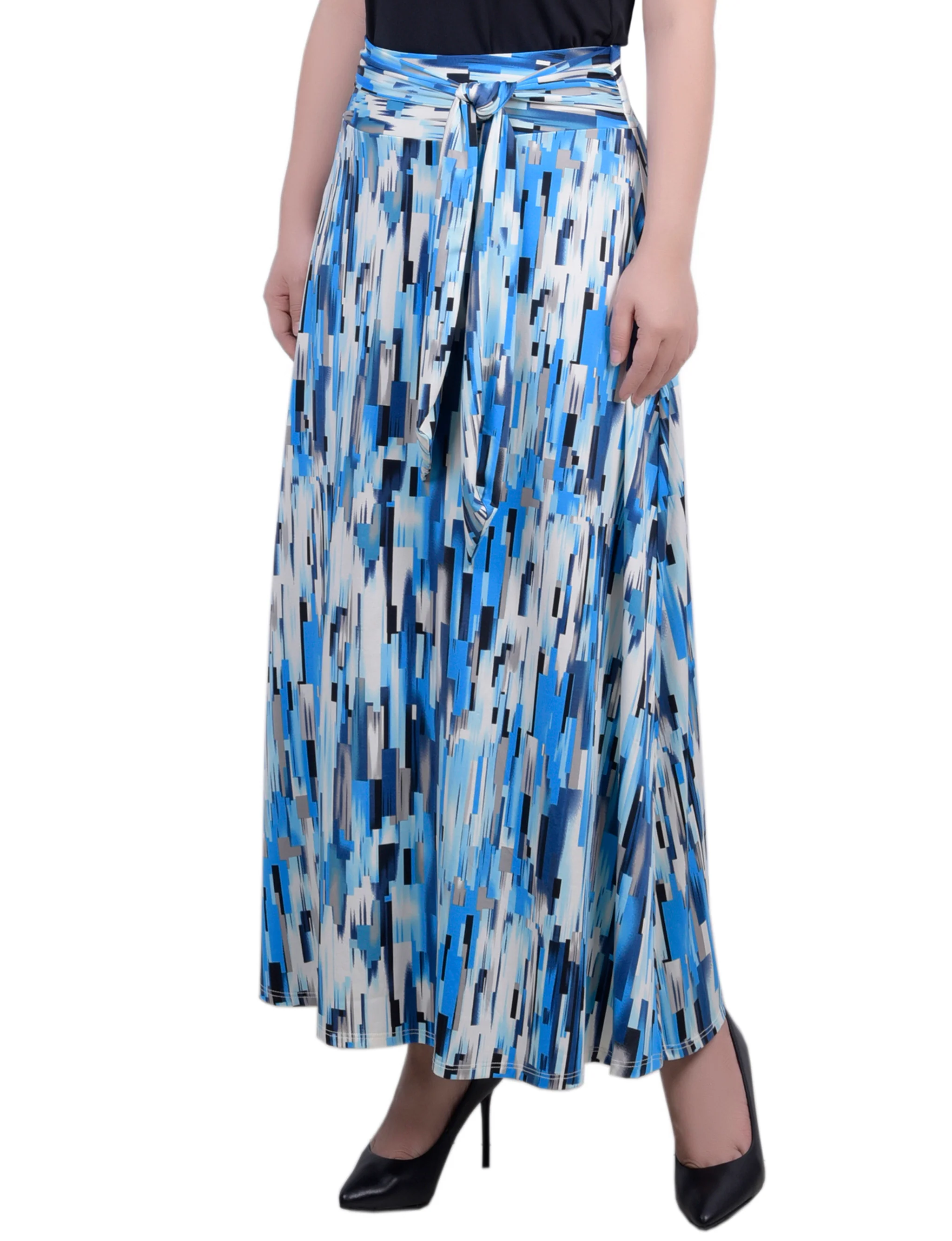Blue Long Square Abstract Maxi Skirt With Sash Waist Tie - Petite - Image 2
