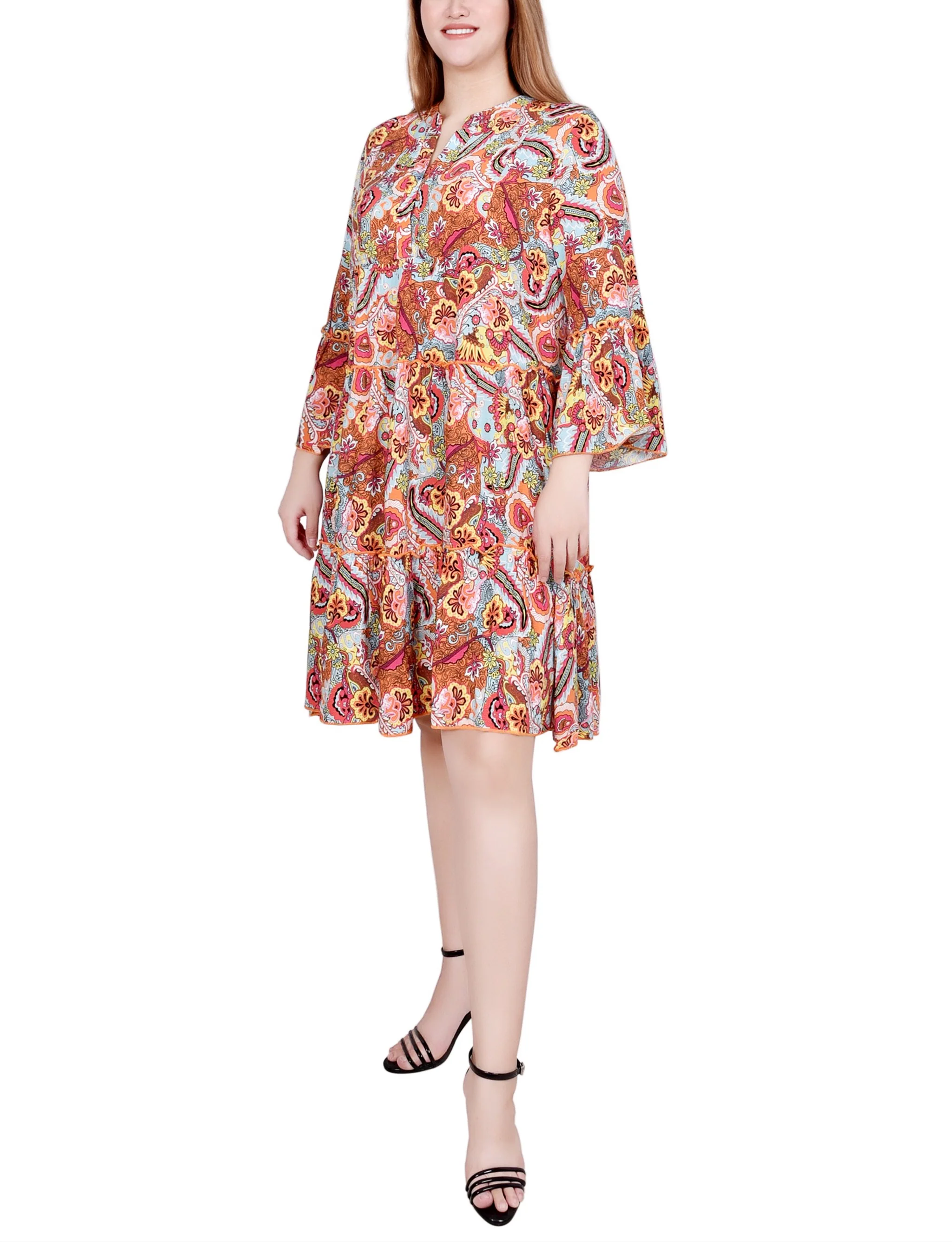 Blue Orange Floral Paisley 3/4 Sleeve Tiered Dress - Image 2