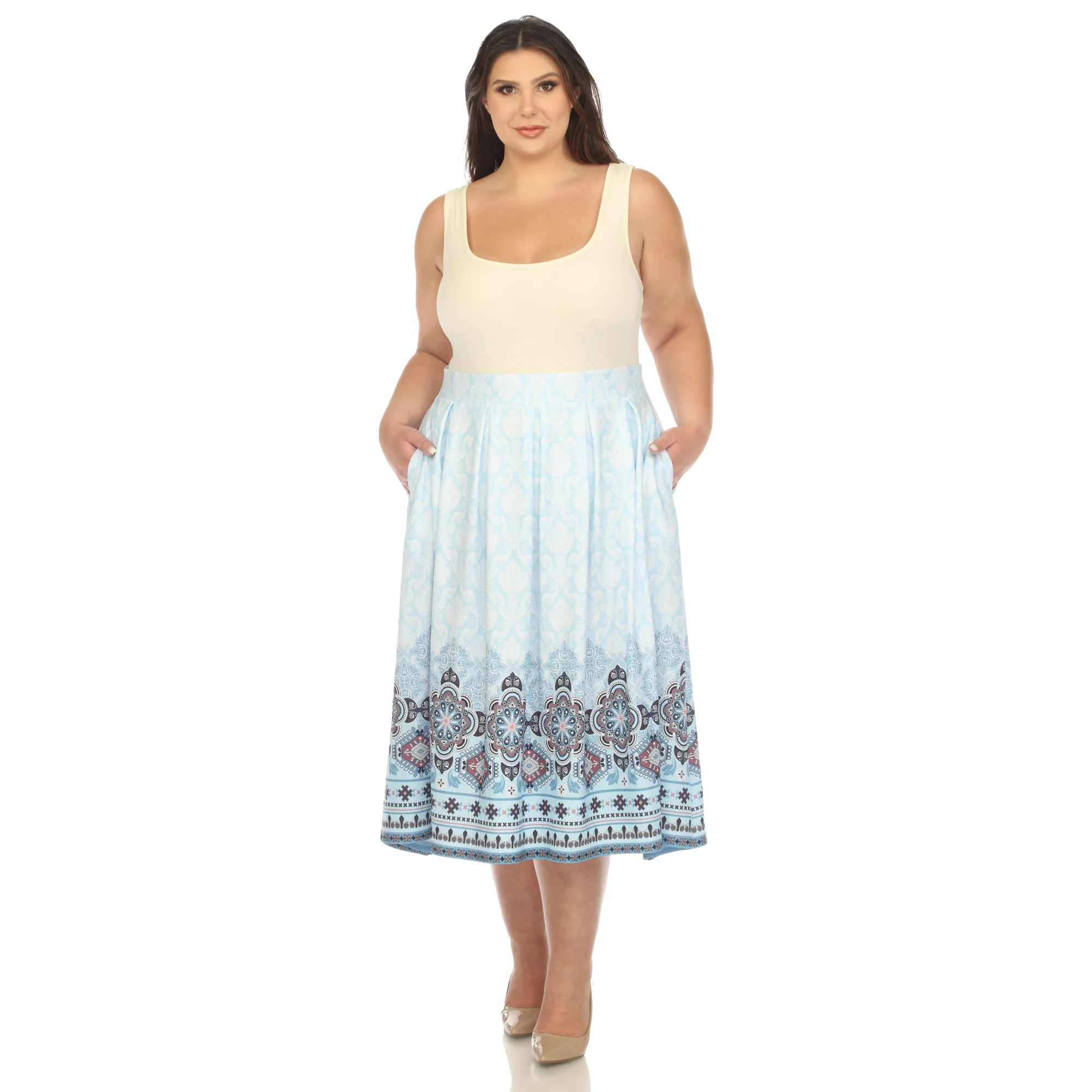 Blue Pleated Skirt with Border Prints - Plus - Image 5