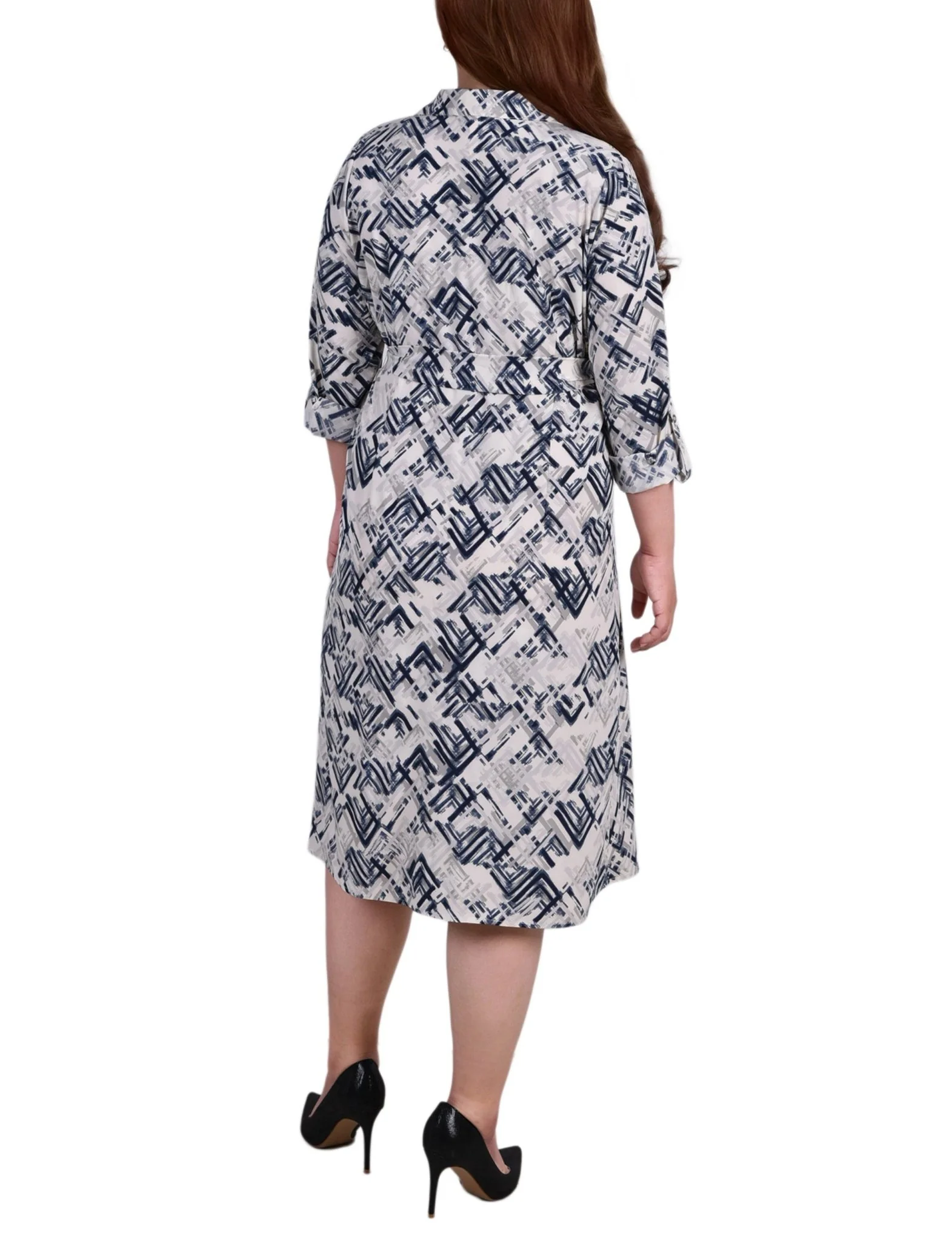 Blue White 3/4 Roll Tab Sleeve Belted Shirtdress - Plus - Image 3