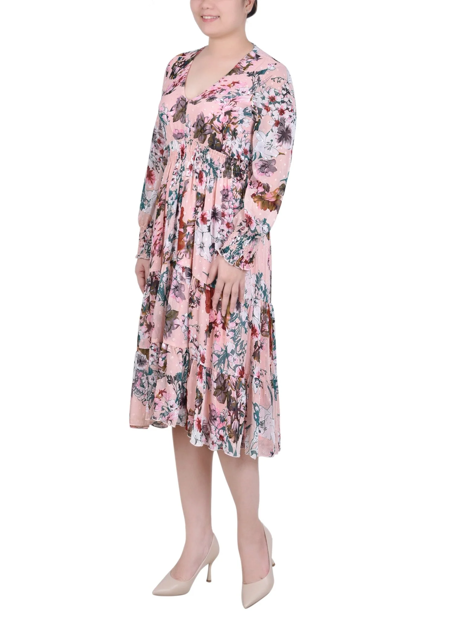 Blush Water Color Floral Long Sleeve Clip Dot Chiffon Dress With Smocked Waist and Cuffs - Image 2