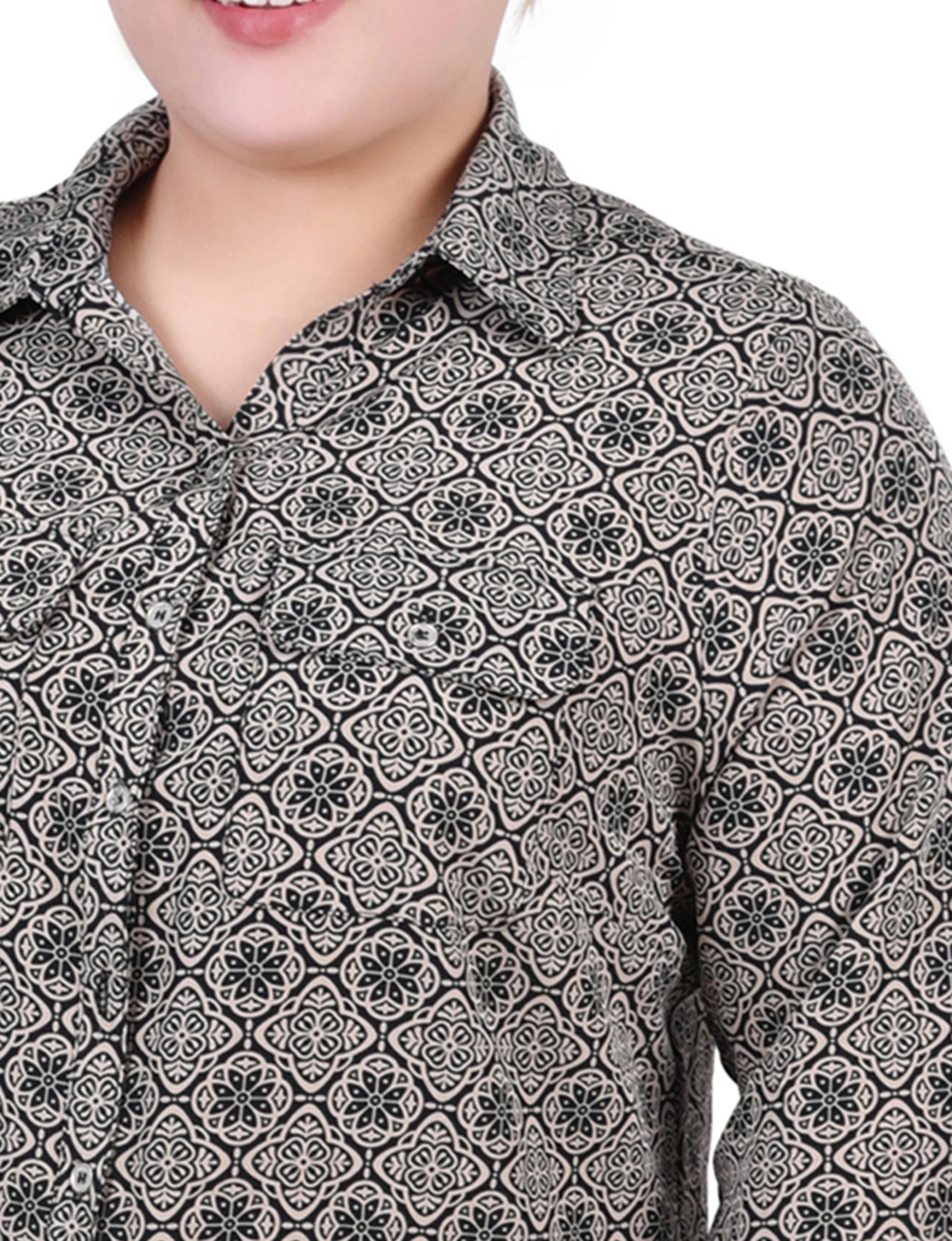 Brown 3/4 Roll Tab Blouse With Pockets - Plus Size - Image 3