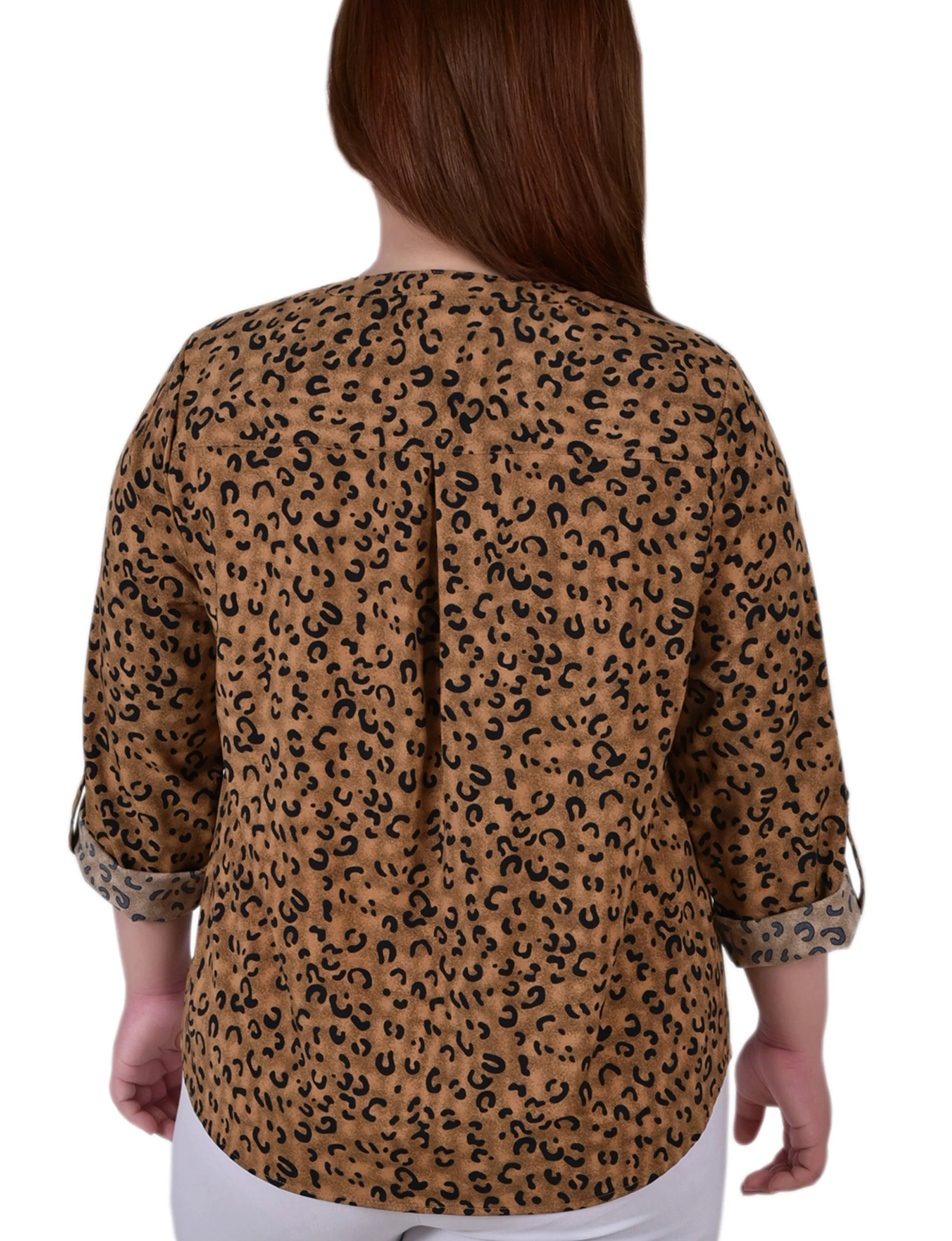 Brown 3/4 Roll Tab Sleeve Mandarin Collar Blouse - Plus Size - Image 4