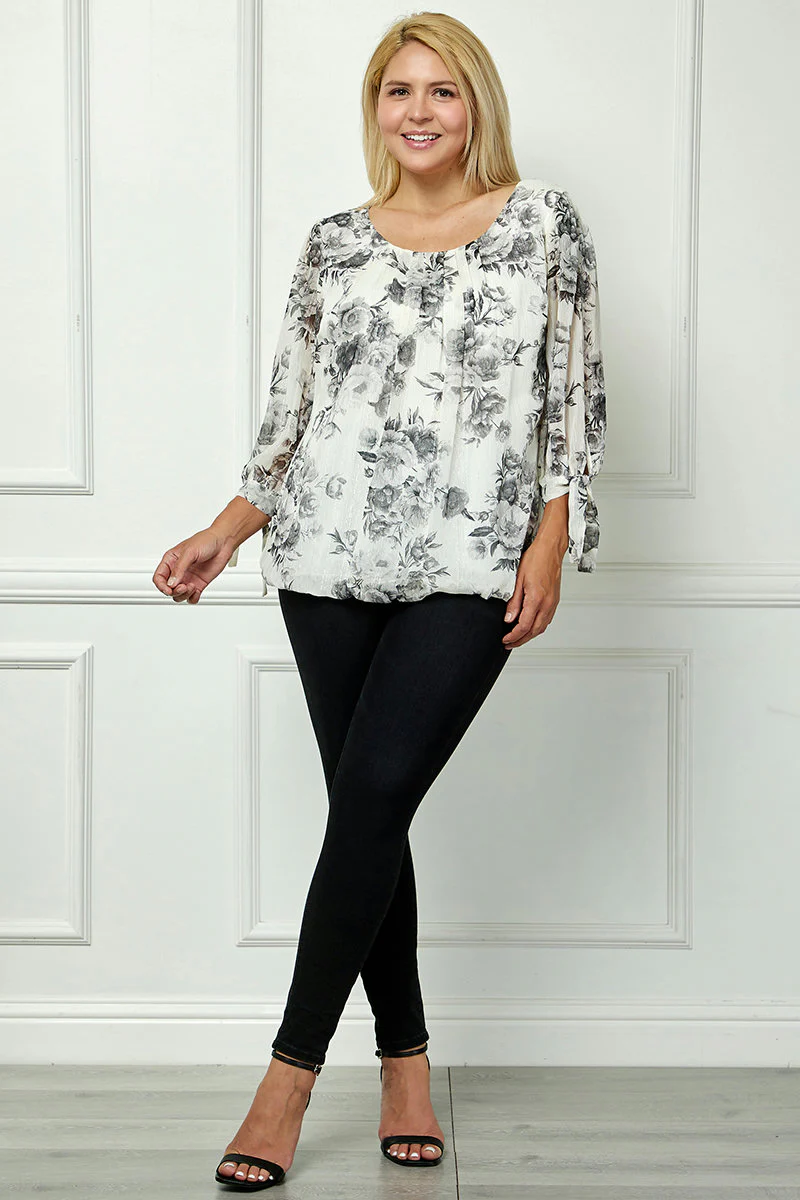 Bubble Hem 3/4 Tie Sleeve Blouse - Black/White - Plus - Image 2