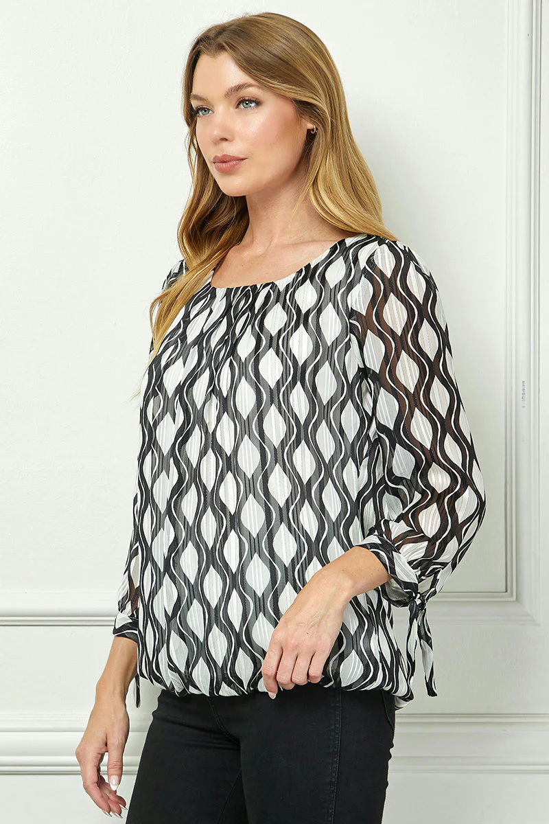 Bubble Hem 3/4 Tie Sleeve Blouse - White - Image 3