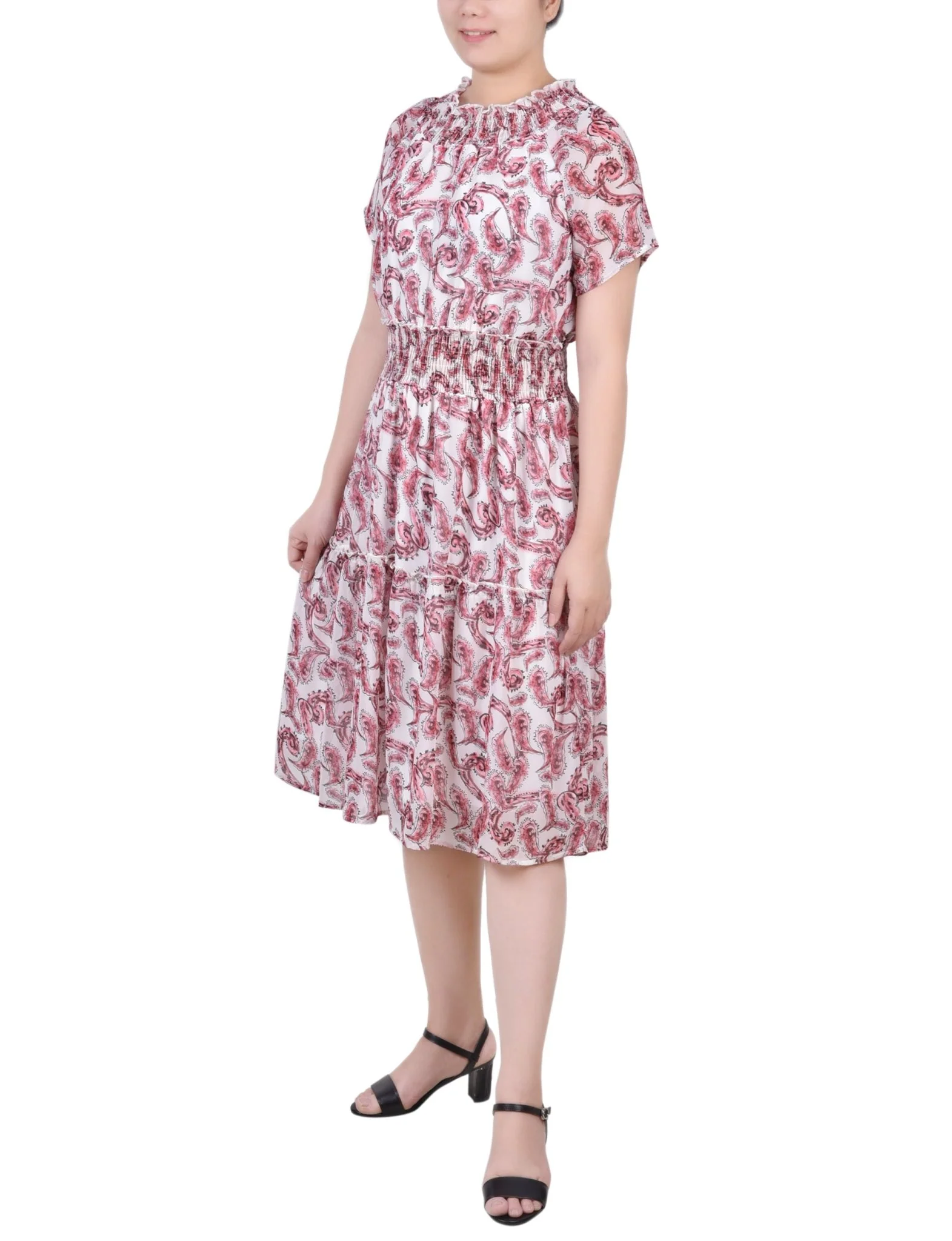 Burgundy Paisley Floral Short Sleeve Smocked Waist Dress - Petite - Image 2