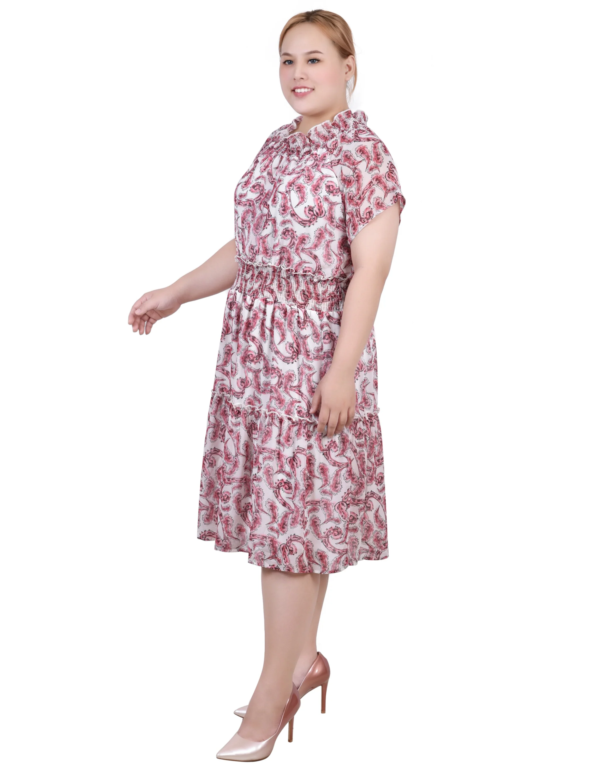 Burgundy Paisley Floral Short Sleeve Smocked Waist Dress - Plus - Image 2