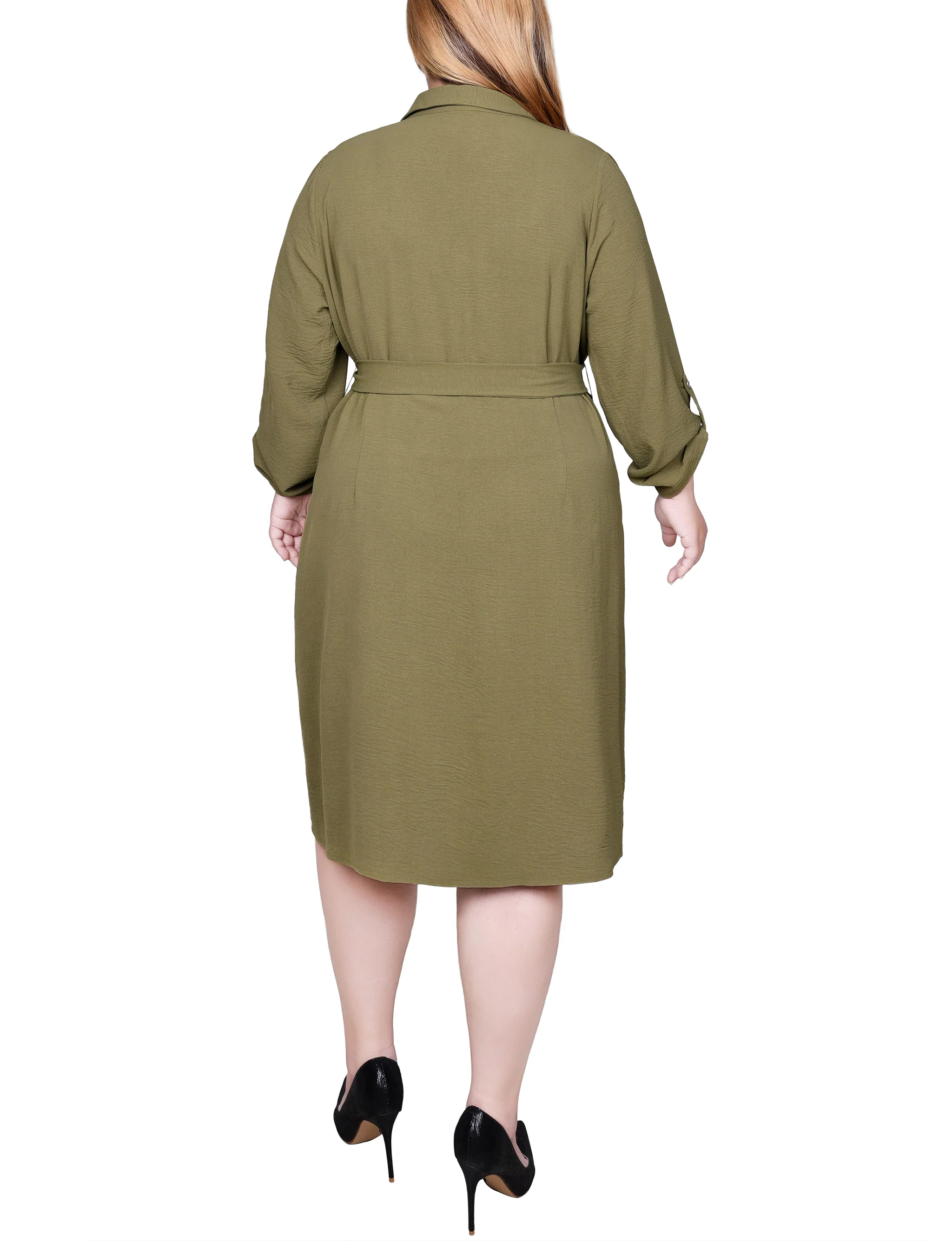 Burnt Olive Long Roll Tab Sleeve Shirtdress - Plus - Image 3